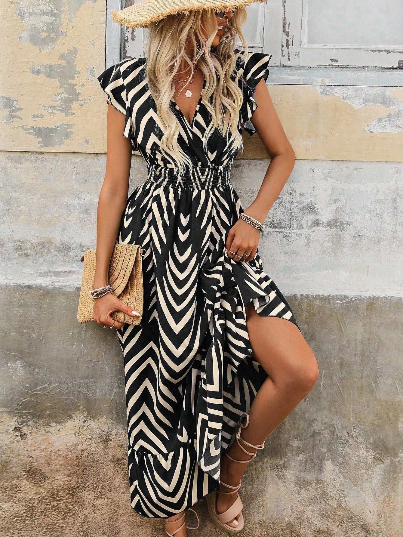 Women's Spring Summer Fashion Floral V Neck Ruffle Waist Slim Boho Dress
