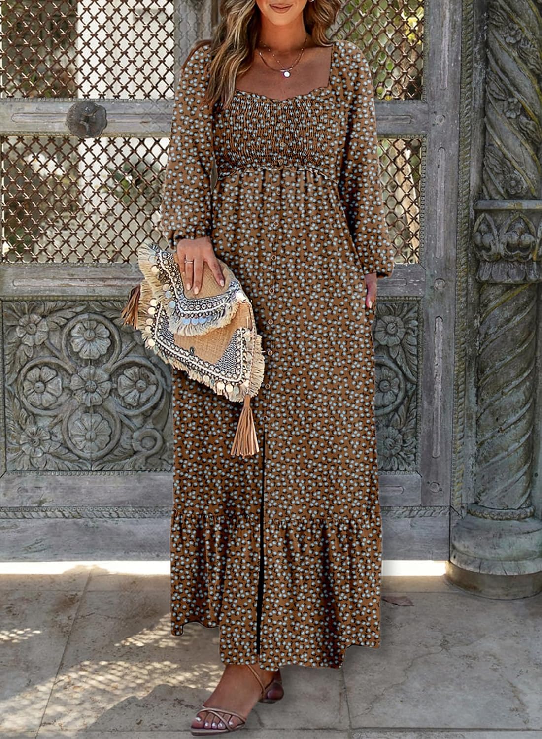 Womens Boho Floral Smocked Button Down  Long Maxi Dress with Pockets(BUY 2 FREE SHIPPING)