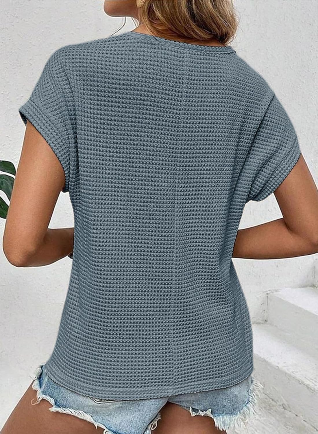HOT SALE Women's Casual Waffle Knit Hollow Out Short Sleeve Shirts