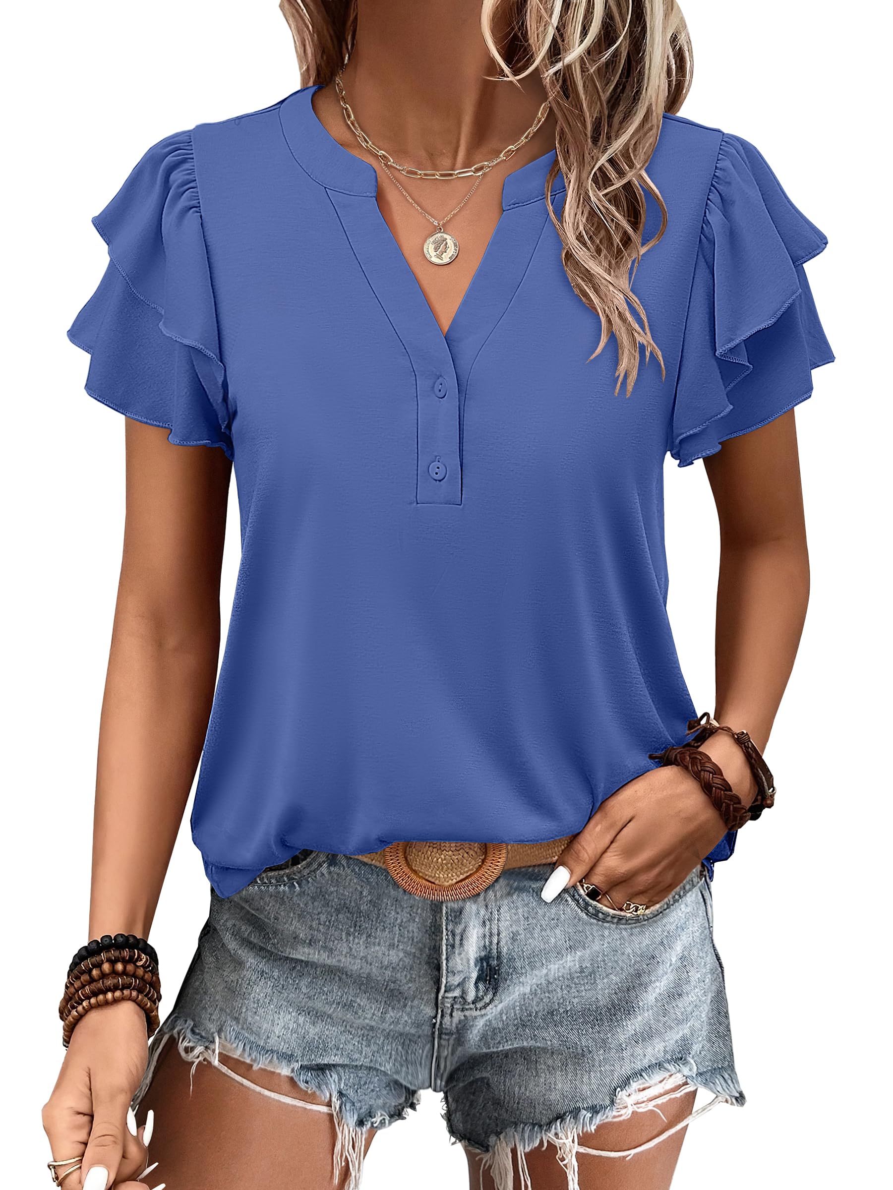 Womens Casual Ruffle Short Sleeve V Neck  Top Blouses