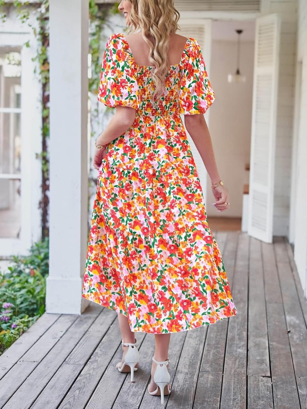 Women's Boho Floral Square Neck Puff Sleeve Cutout Long Maxi Dress