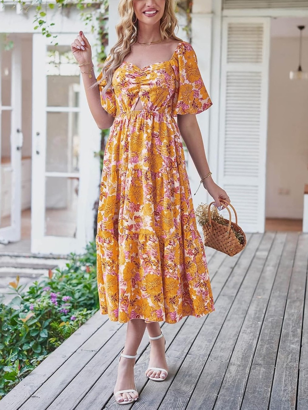 Women's Boho Floral Square Neck Puff Sleeve Cutout Long Maxi Dress