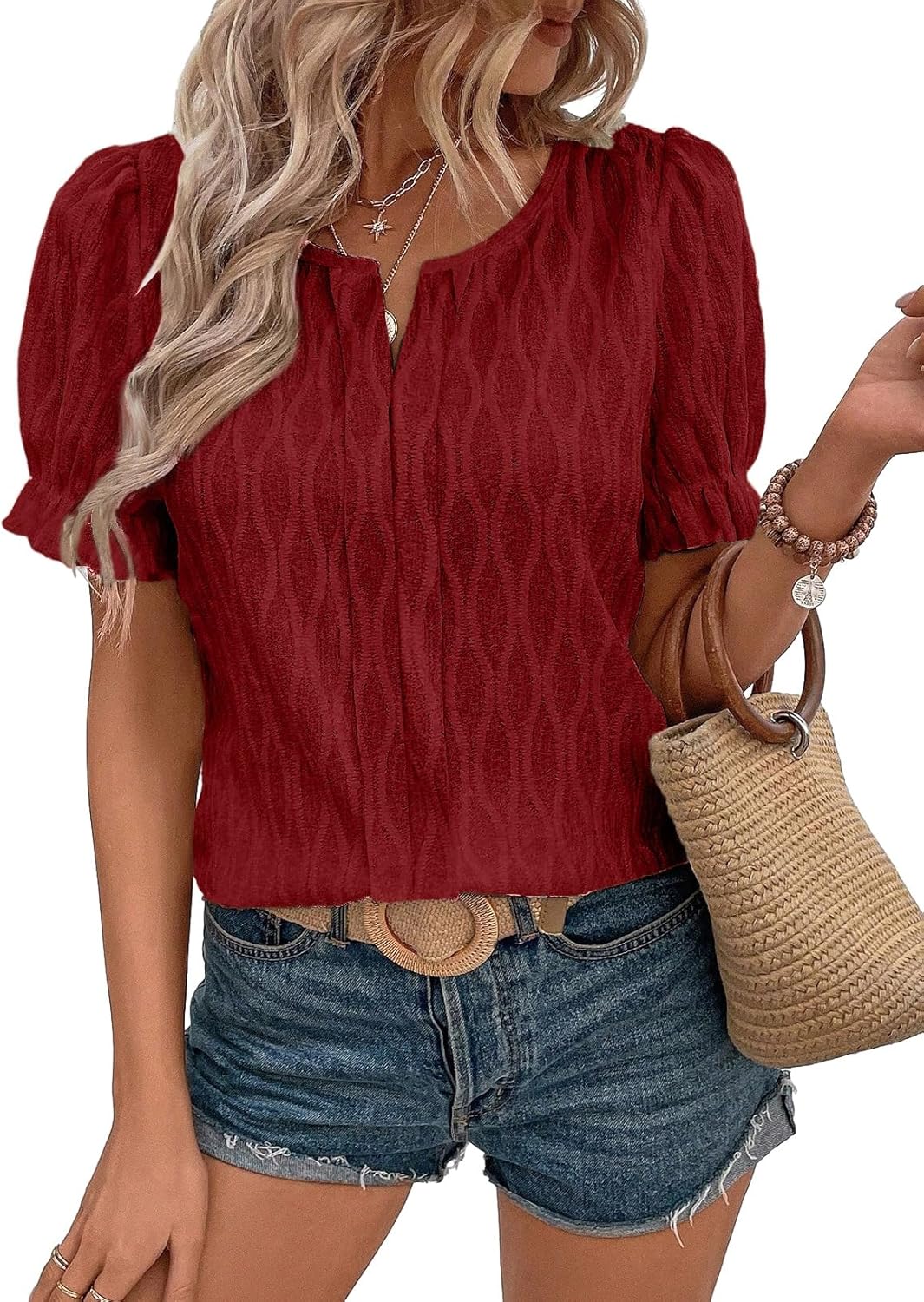 Women Dressy Casual Spring Summer V Neck Puff Sleeve Blouses