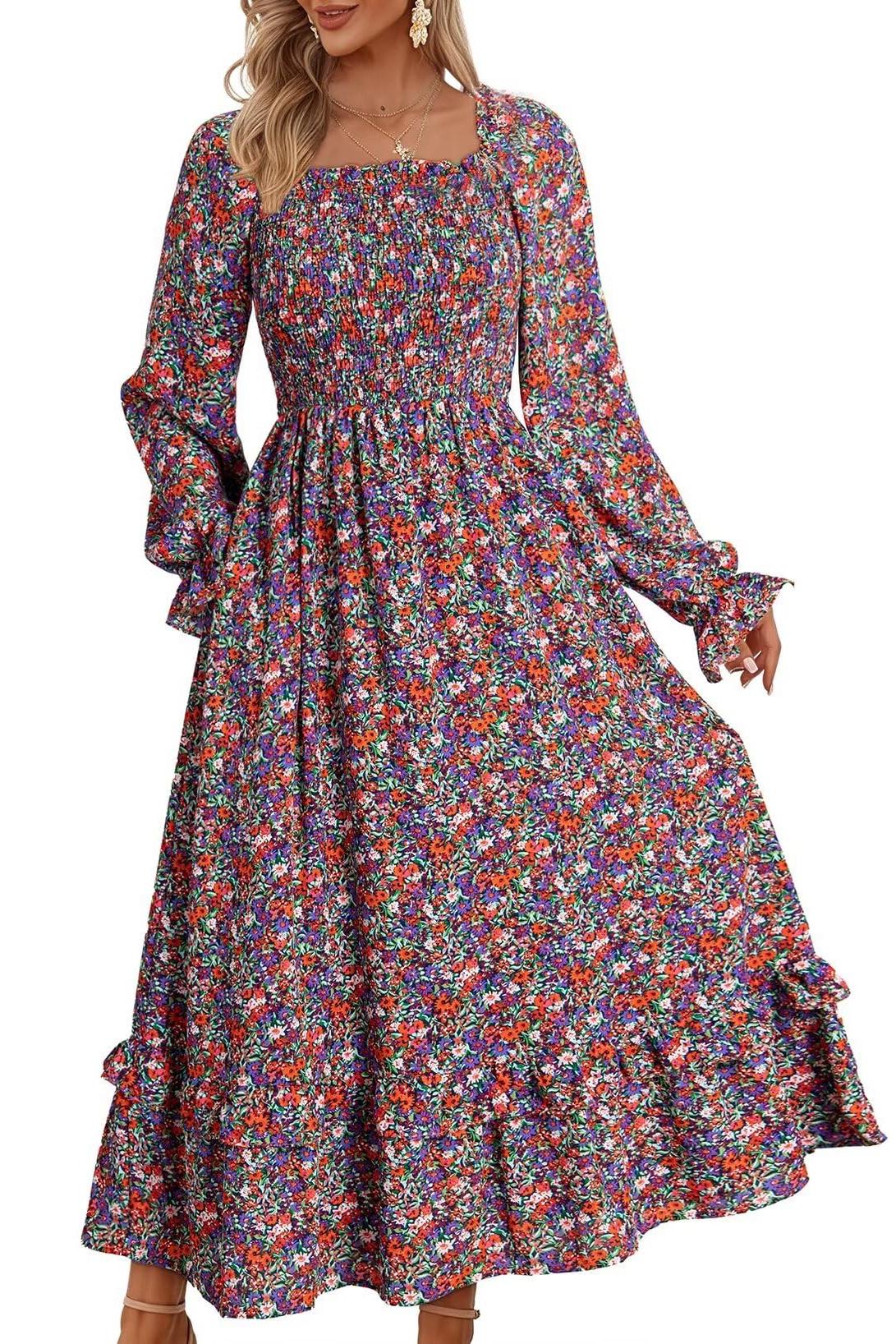 Fall Dresses Casual Floral Square Neck Long Sleeve Dress(Buy 2 Free Shipping)