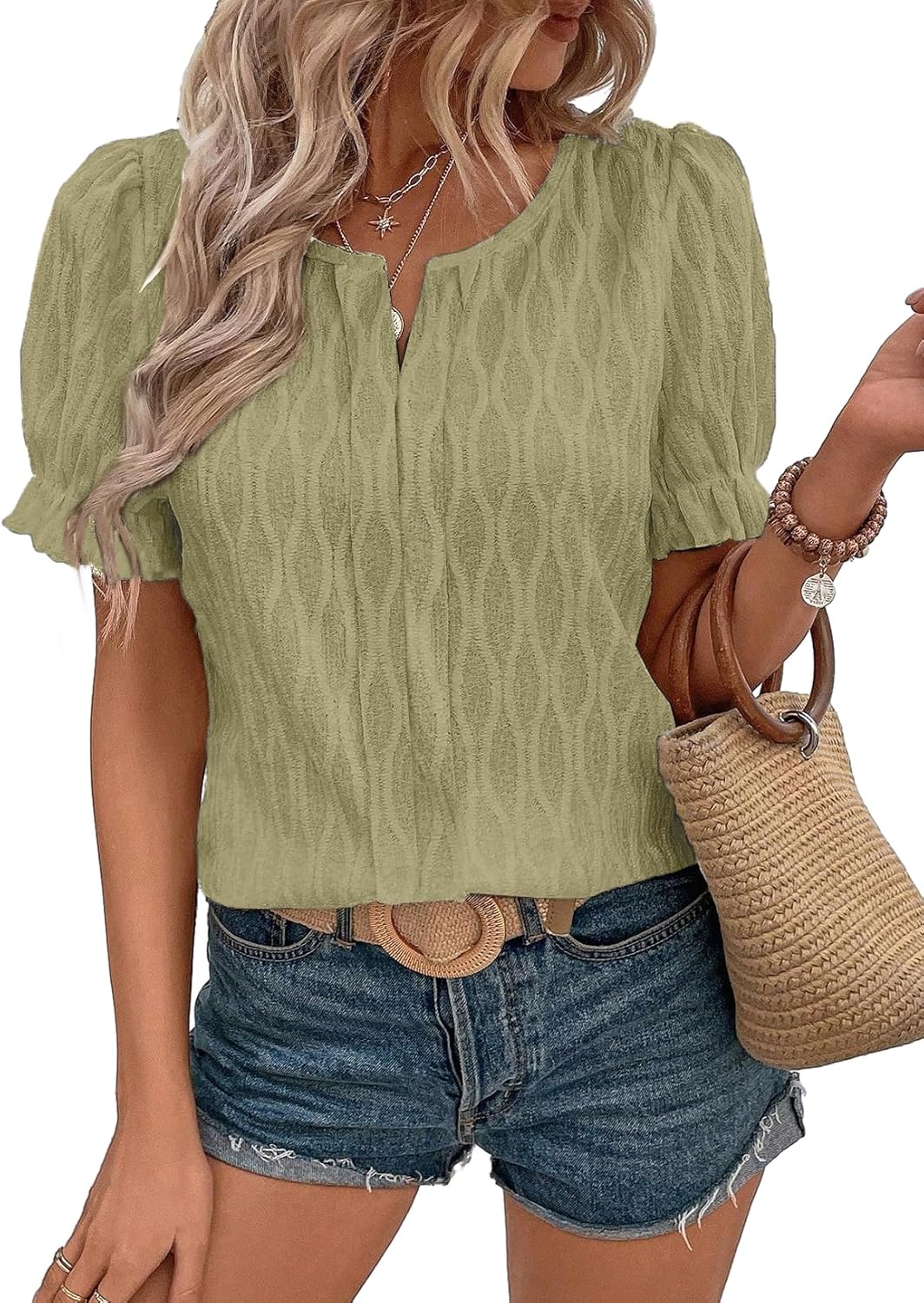 Women Dressy Casual Spring Summer V Neck Puff Sleeve Blouses