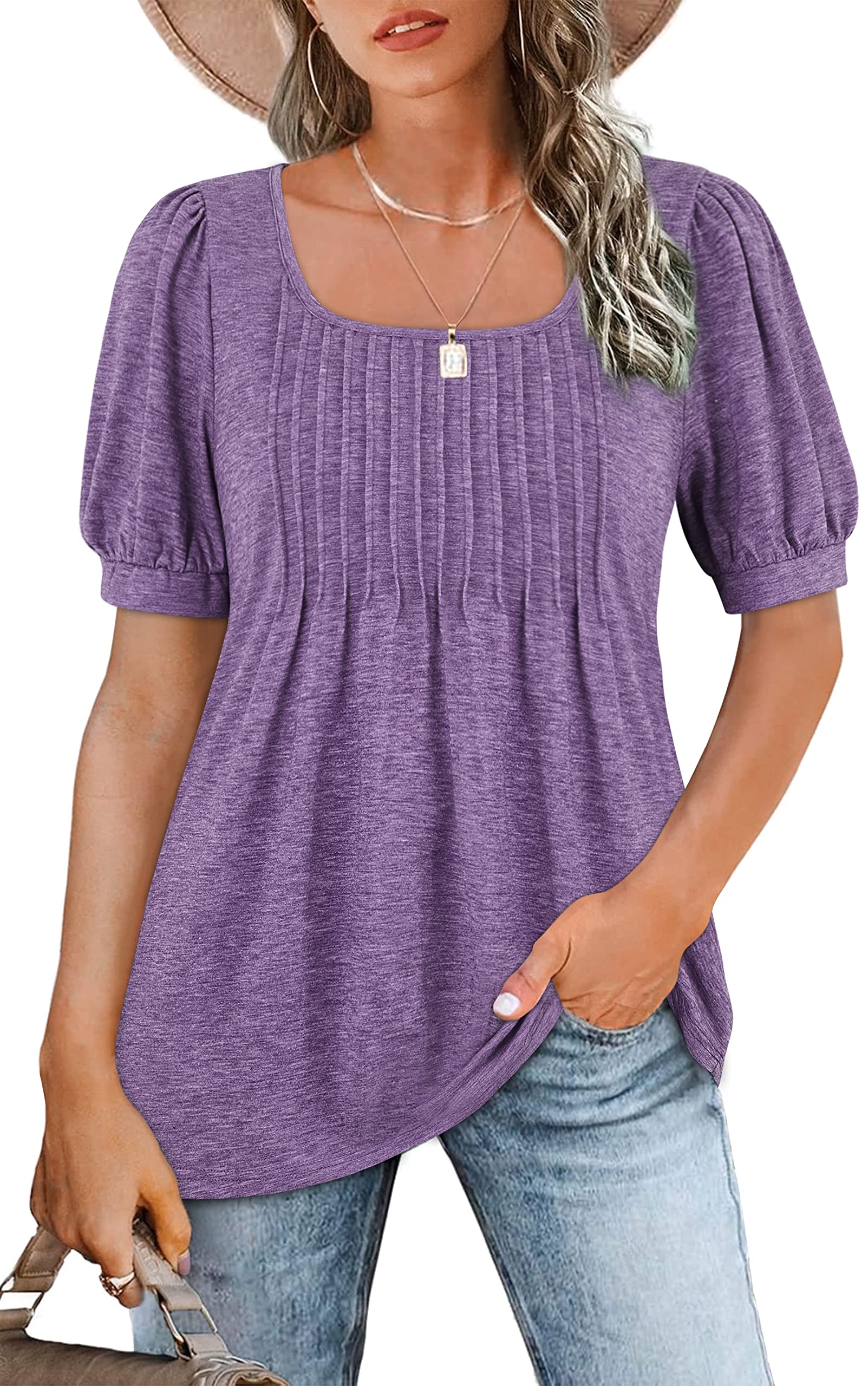Women's Puff Short Sleeve Tunic Tops