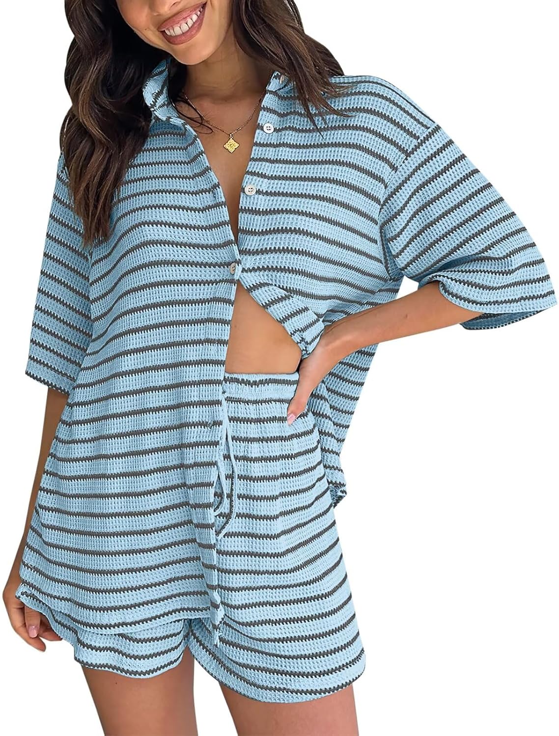 Womens Striped Knit V Neck Button Down Lounge Sets