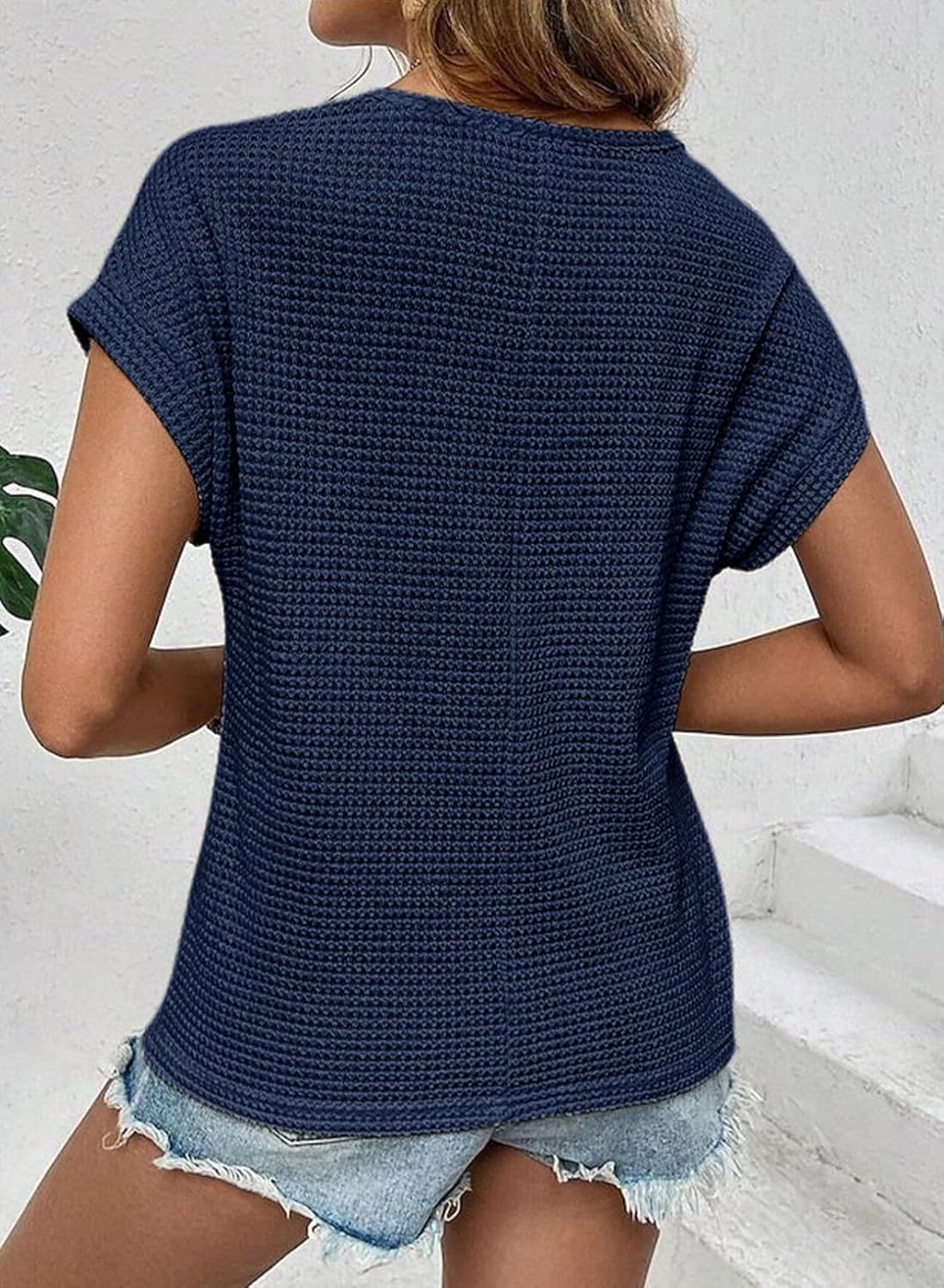 HOT SALE Women's Casual Waffle Knit Hollow Out Short Sleeve Shirts