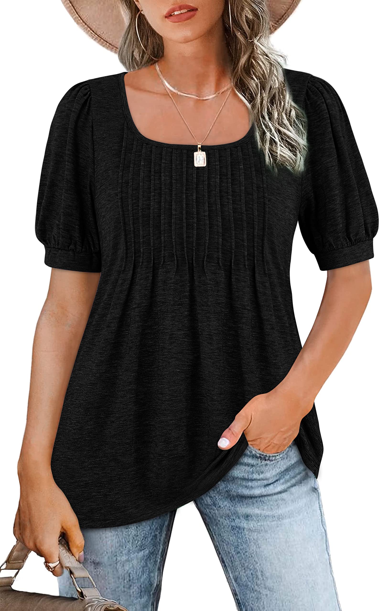Women's Puff Short Sleeve Tunic Tops