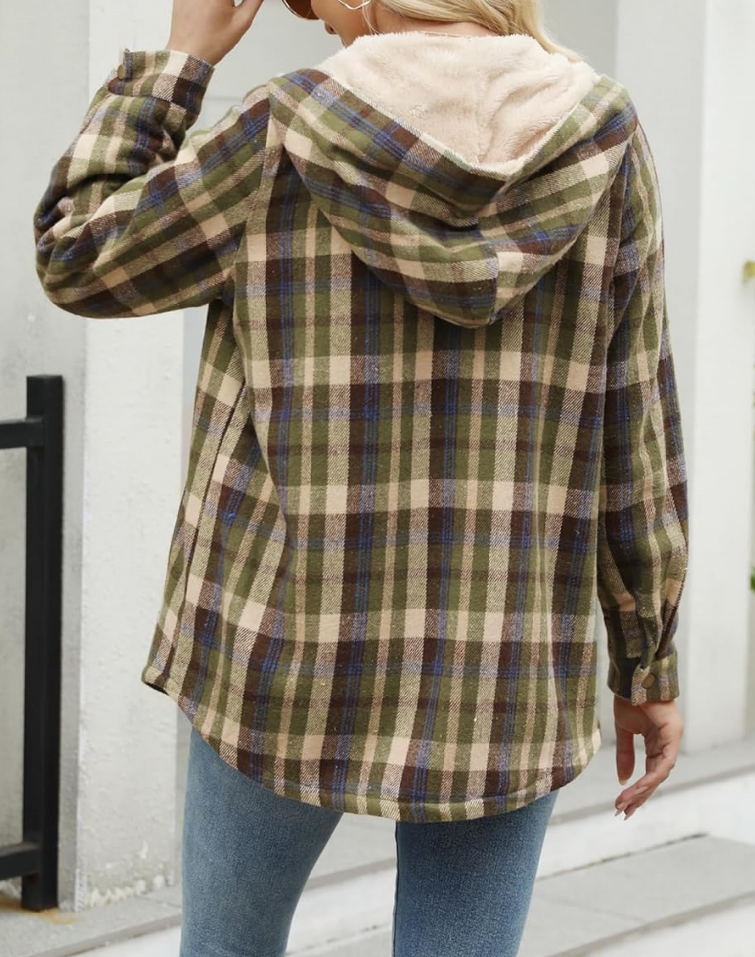  Women's Plaid Long Sleeve Button Fleece Hooded Jacket With Pockets (BUY 2 10% OFF)