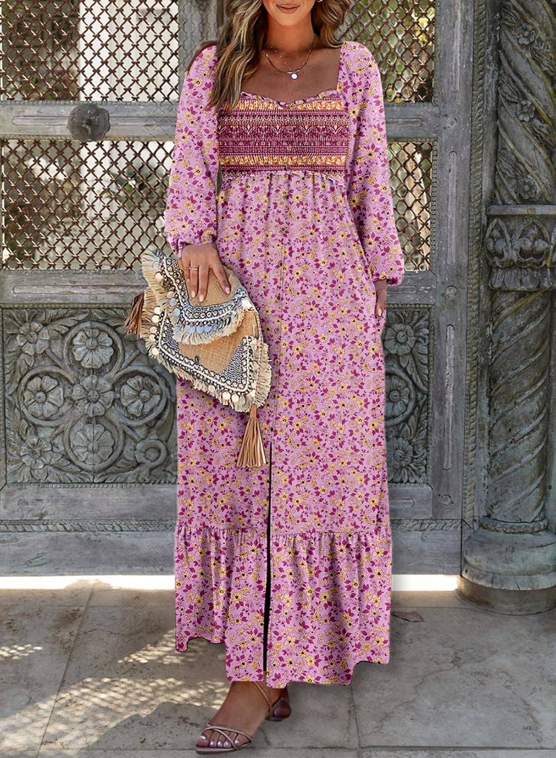 Womens Boho Floral Smocked Button Down  Long Maxi Dress with Pockets(BUY 2 FREE SHIPPING)