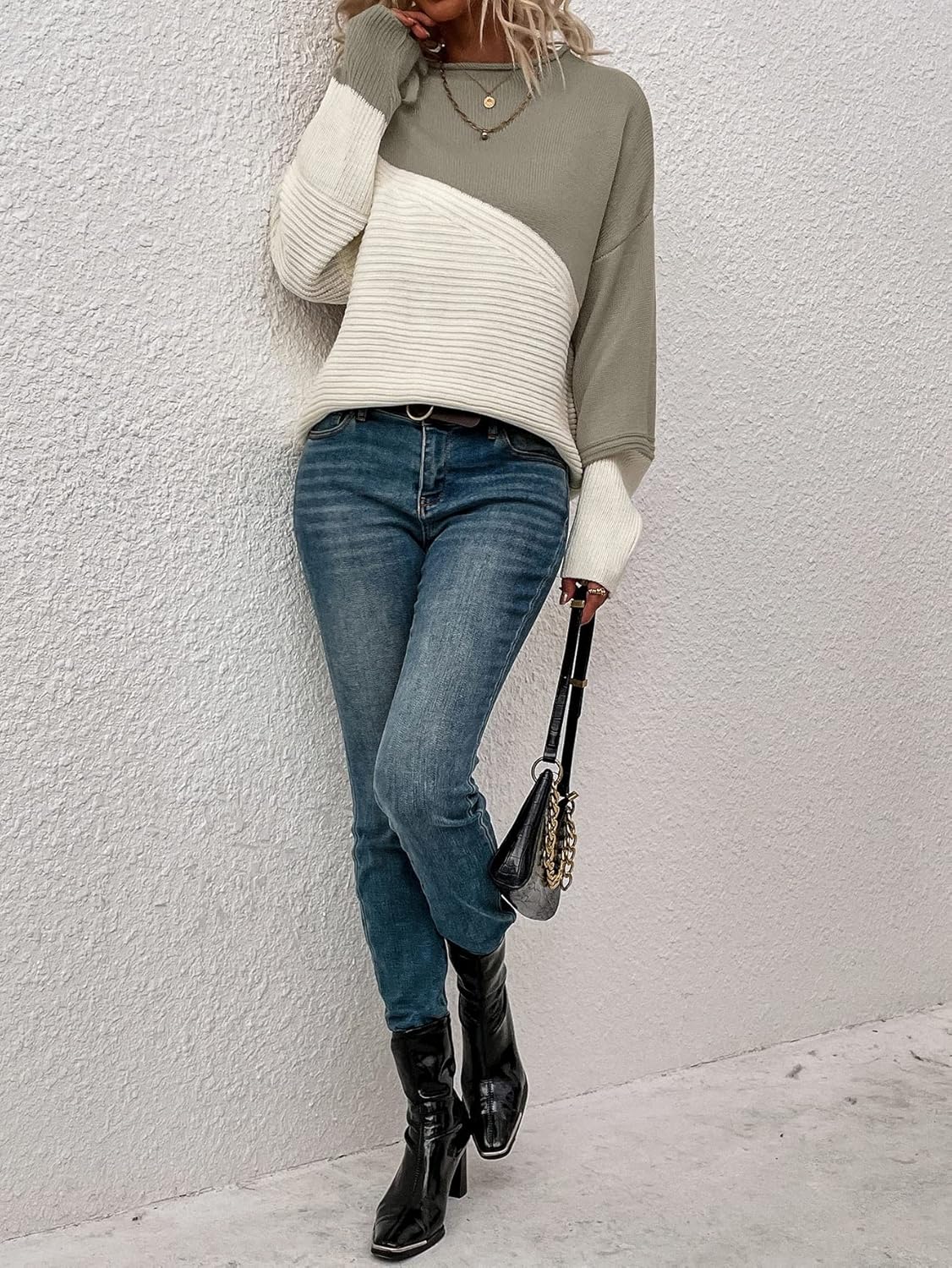 Women's off-shoulder loose color block sweater