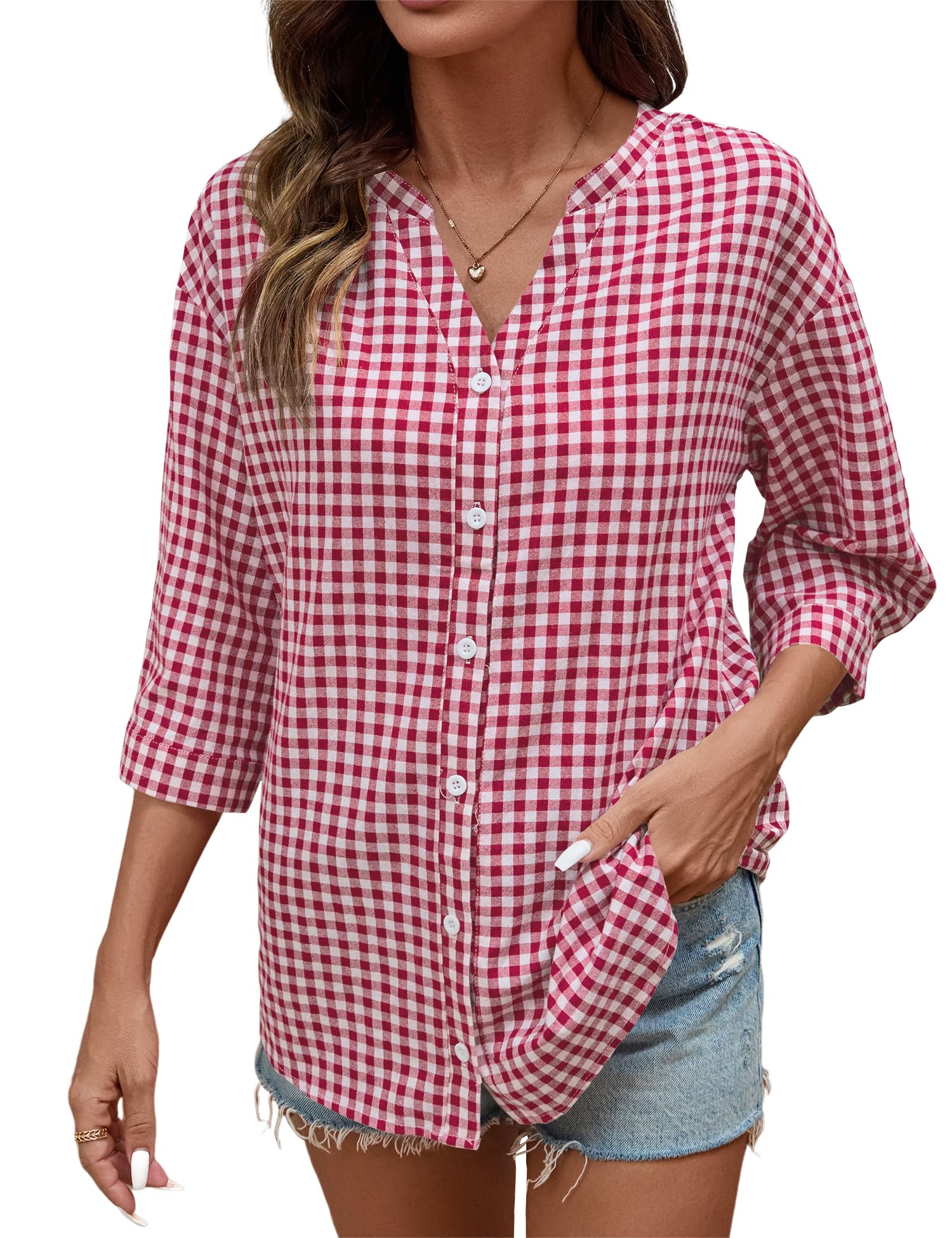 Women's Cotton 3/4 Sleeve Button Down Gingham Shirts