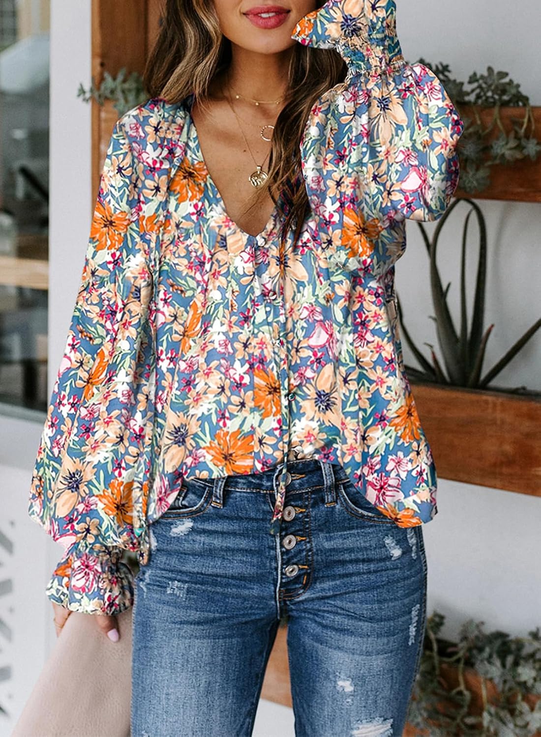 Women's Boho Floral Print V Neck Long Sleeve Drawstring Button Blouses