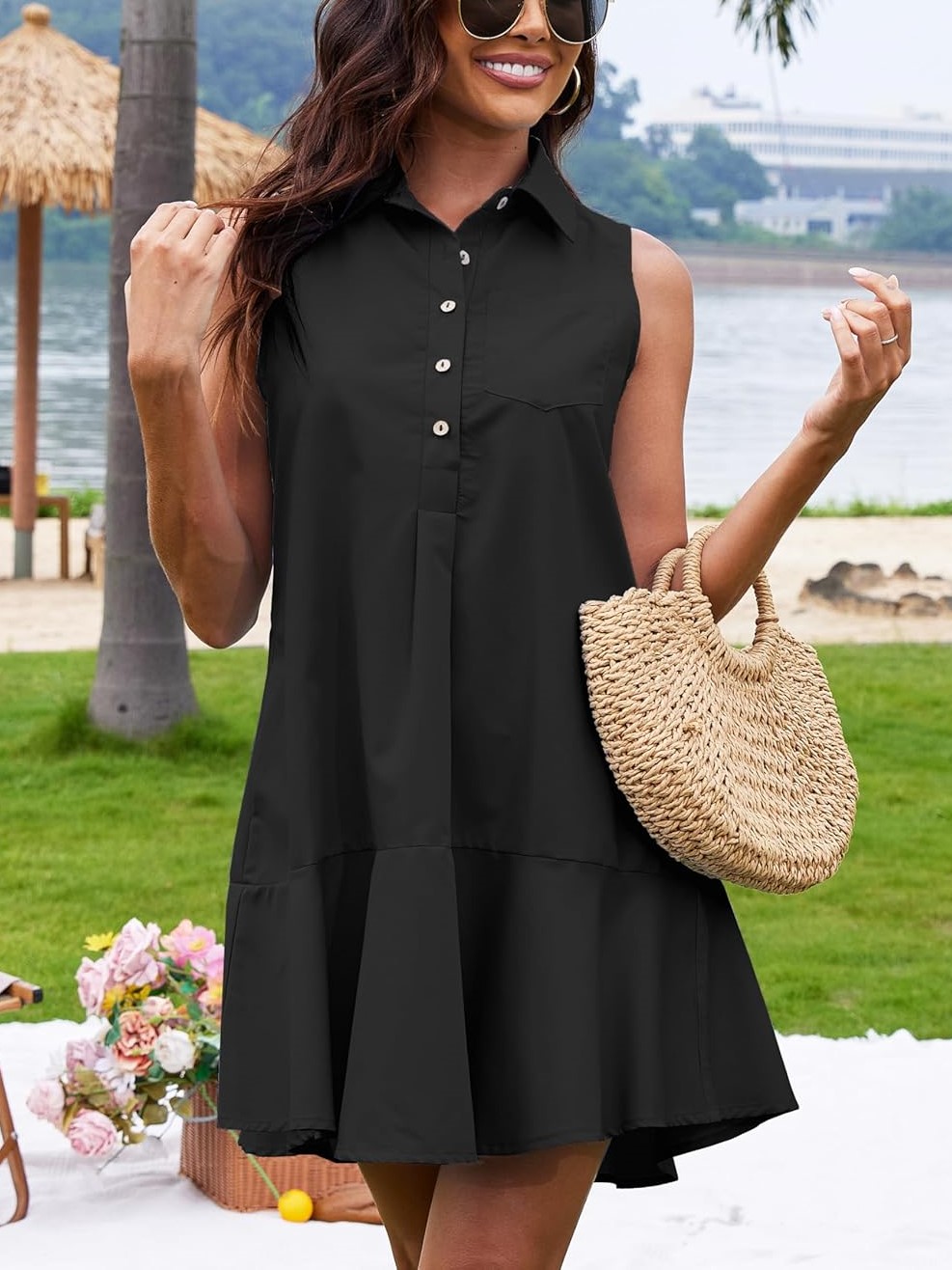 Women's Sleeveless Button Shirt Dress with Pockets