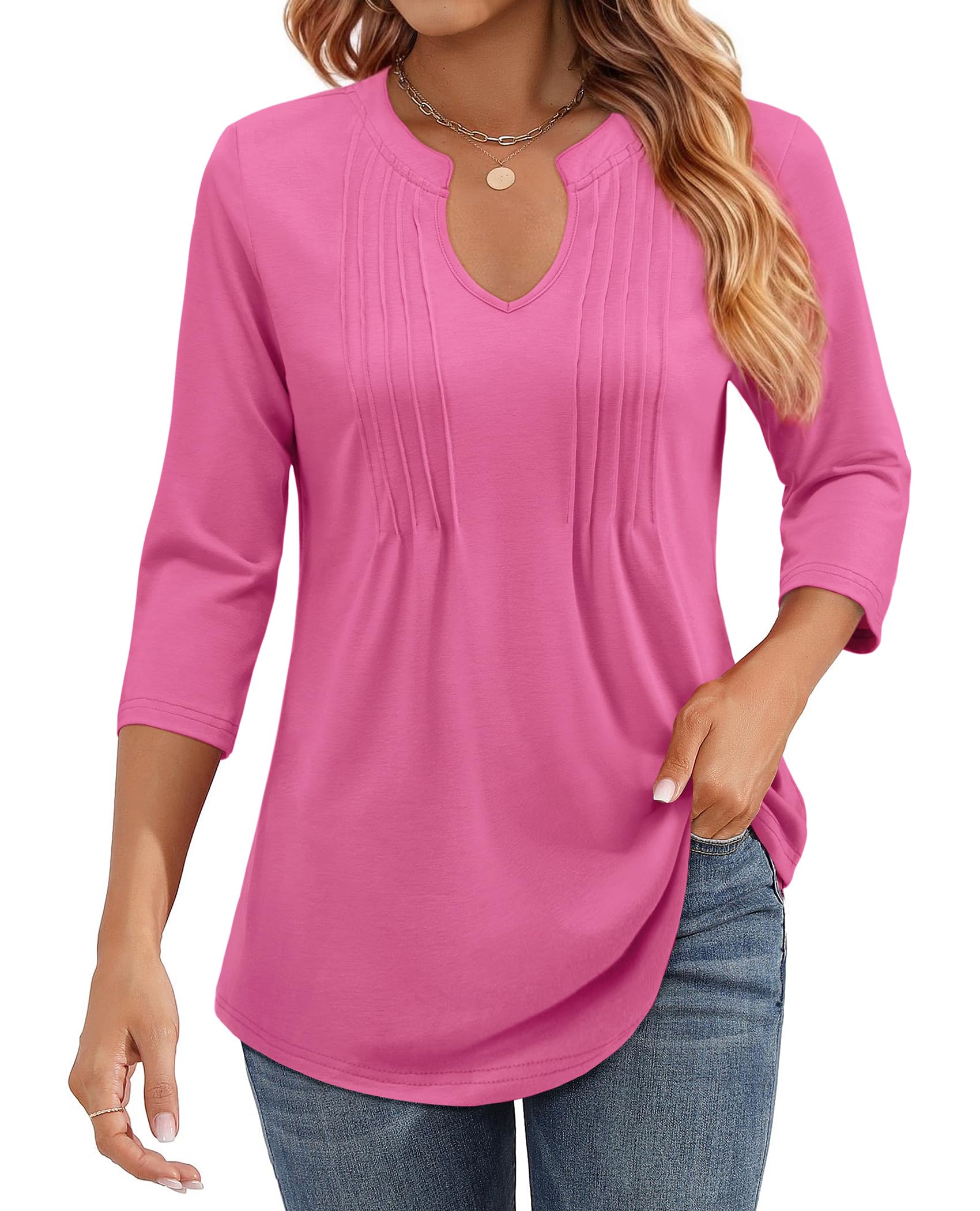 Womens Casual 3/4 Sleeve Pleated Tunic Blouse