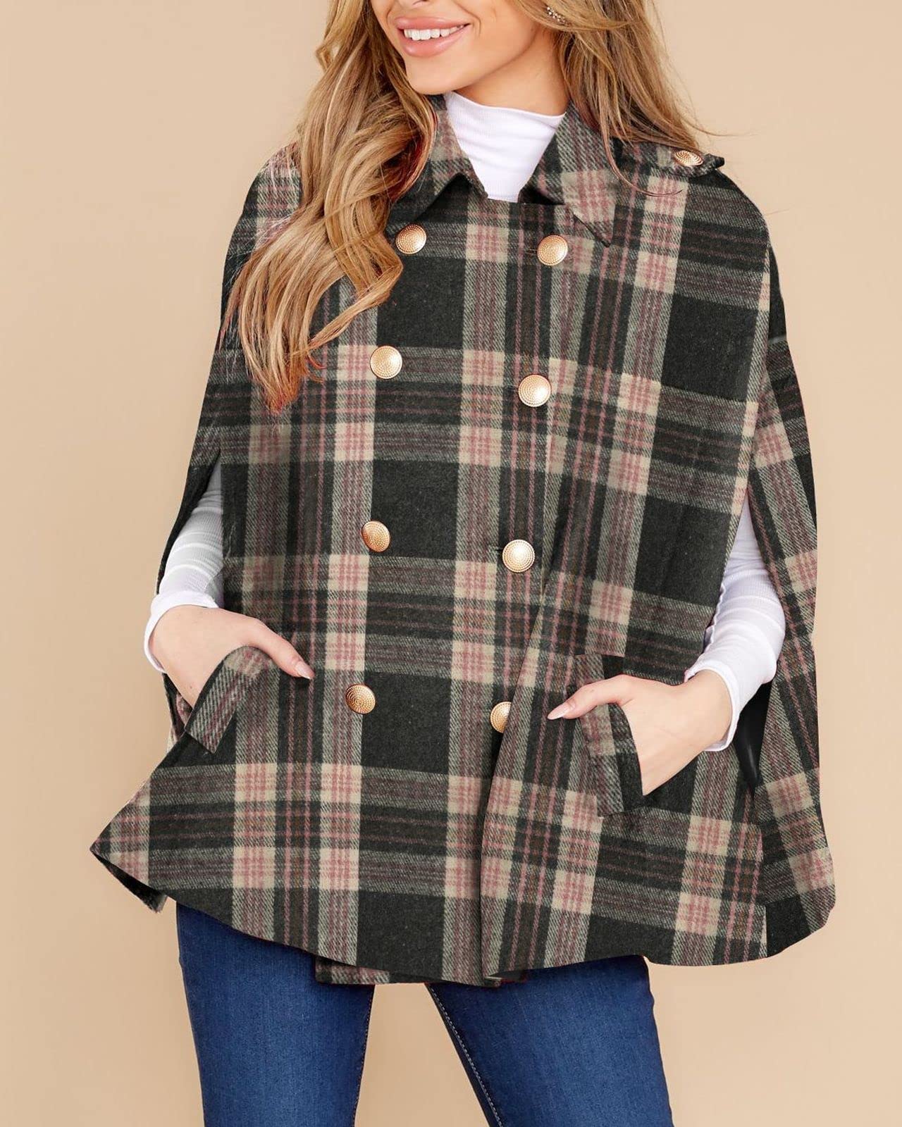 Women's Plaid Double Breasted Winter Cape Coats