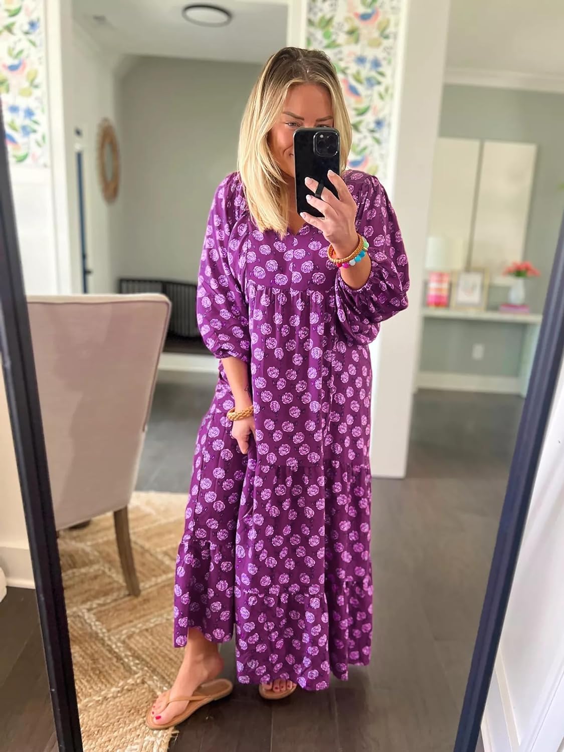 HOT SALE Summer V Neck Puff Sleeve Floral Flowy Casual Maxi Dress