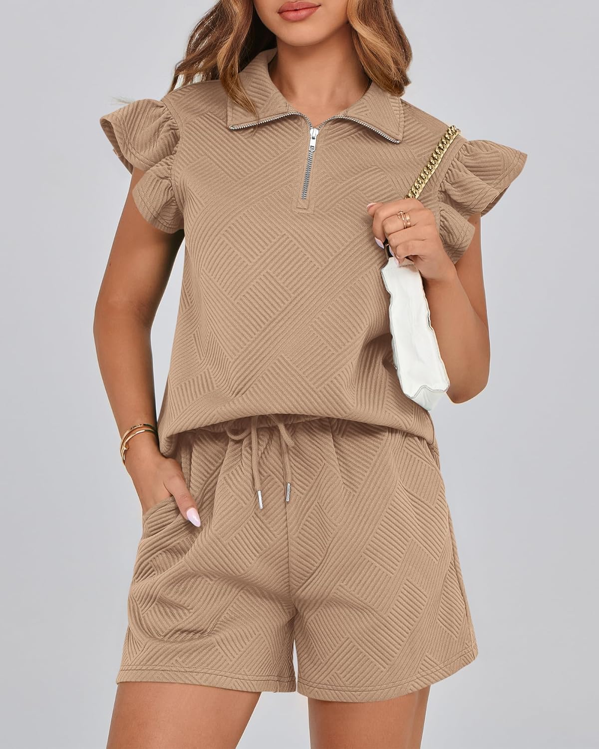Women's Sweatsuit Zipper V Neck Ruffle Tops and Drawstring Shorts Lounge Sets