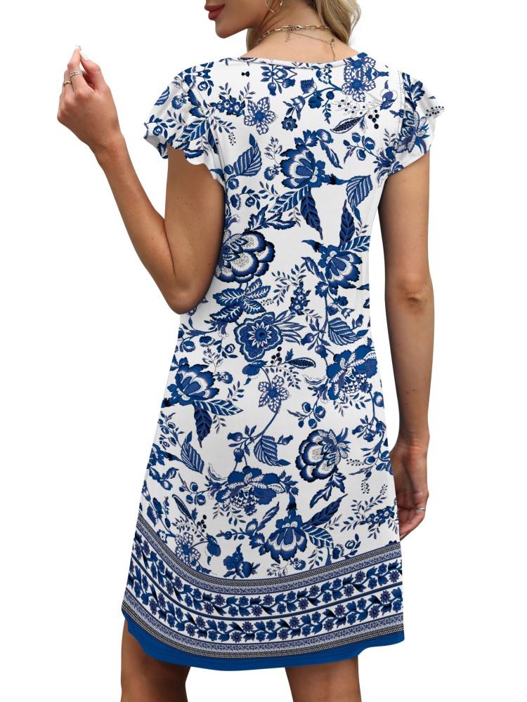 Womens Ruffle Sleeve V Neck Loose Swing Sundresses with Pockets