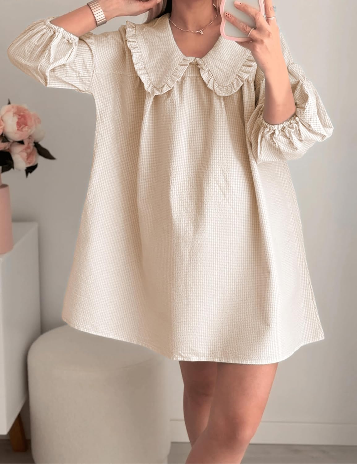 Women's Babydoll 3/4 Puff Sleeve Plaid Mini Dress