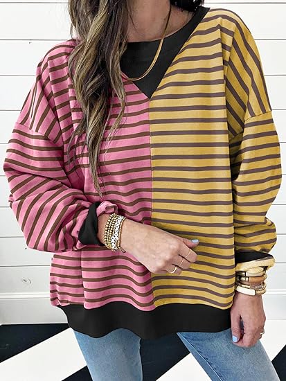 Womens Oversized Sweatshirts Striped Color Block Crewneck Sweatshirt