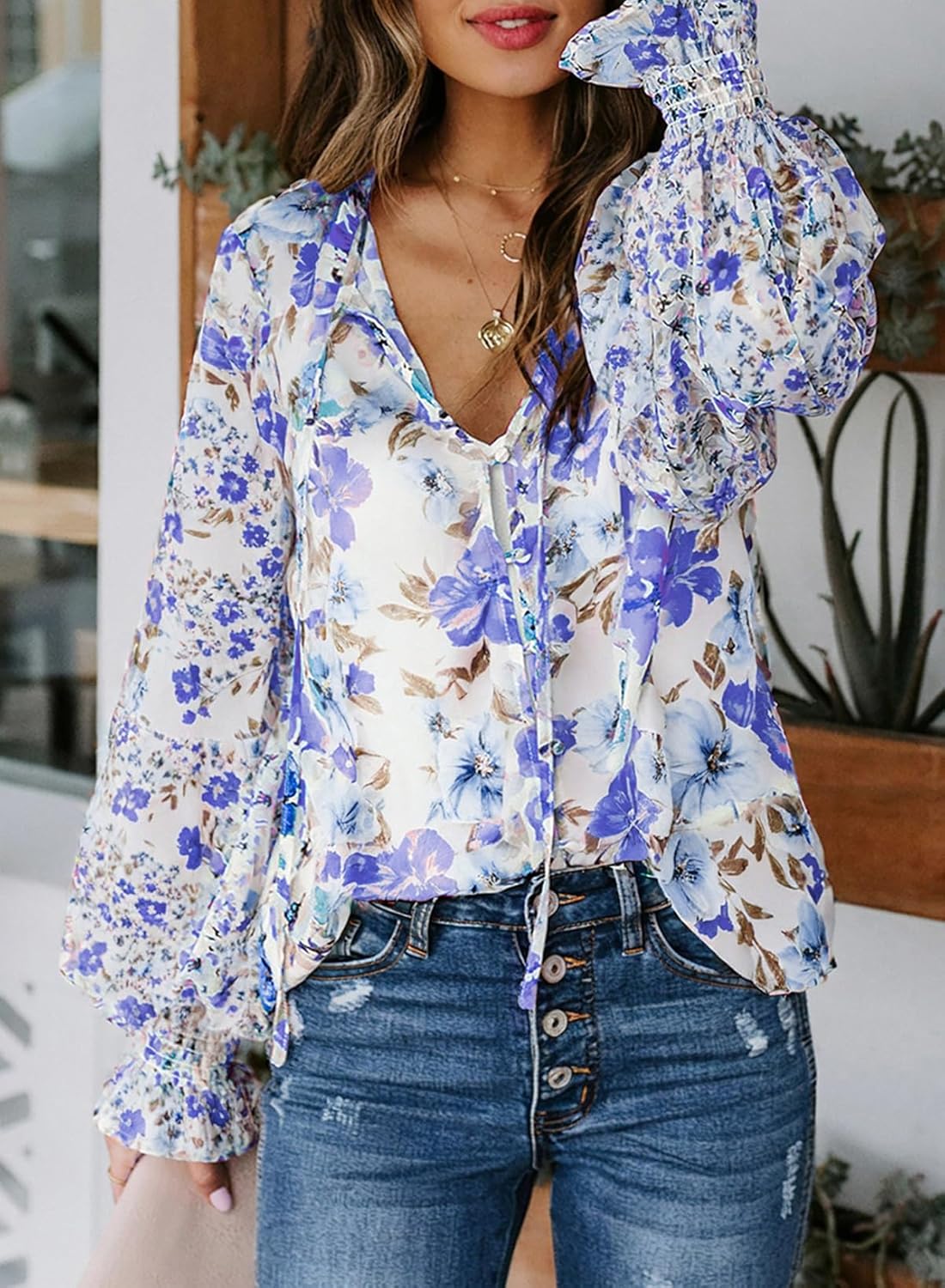 Women's Boho Floral Print V Neck Long Sleeve Drawstring Button Blouses