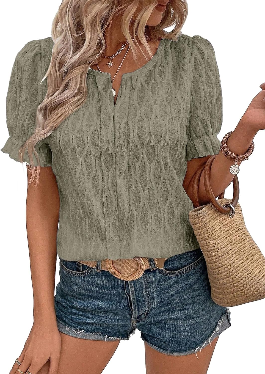 Women Dressy Casual Spring Summer V Neck Puff Sleeve Blouses