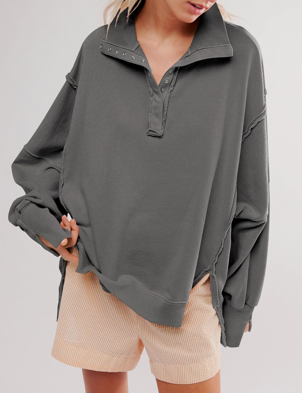 Womens Oversized V Neck Button Up Henley Pullover Sweatshirts