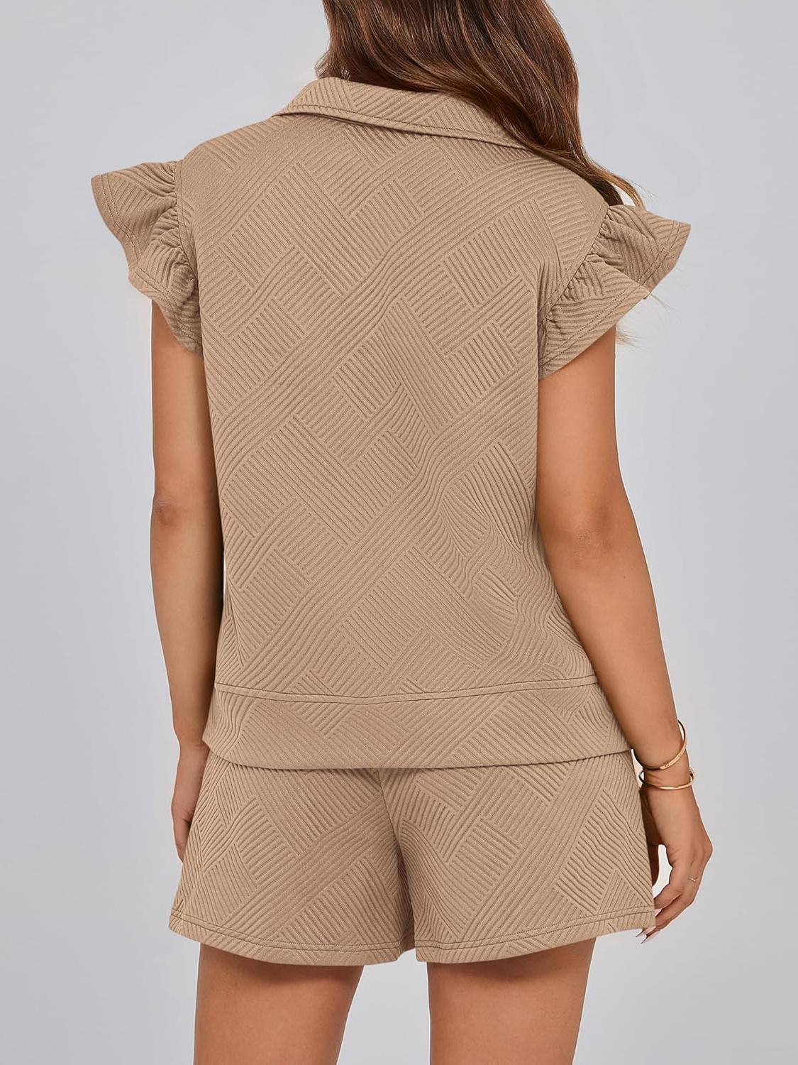 Women's Sweatsuit Zipper V Neck Ruffle Tops and Drawstring Shorts Lounge Sets