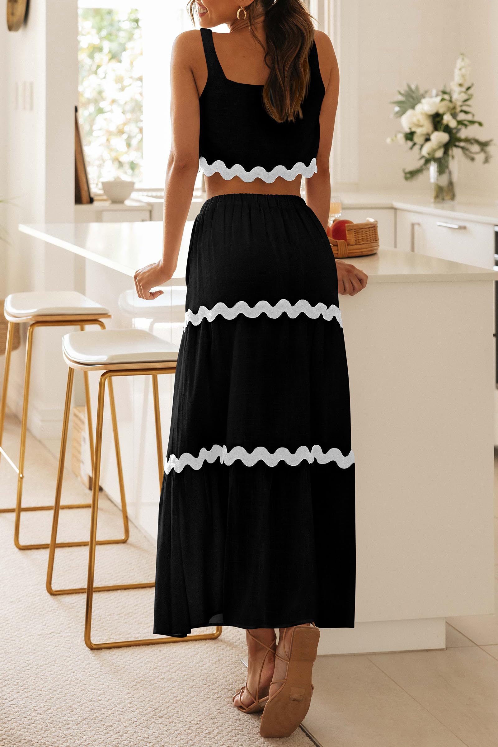 Women's Casual Sleeveless Cropped Tank Top High Waisted Maxi Skirt Set