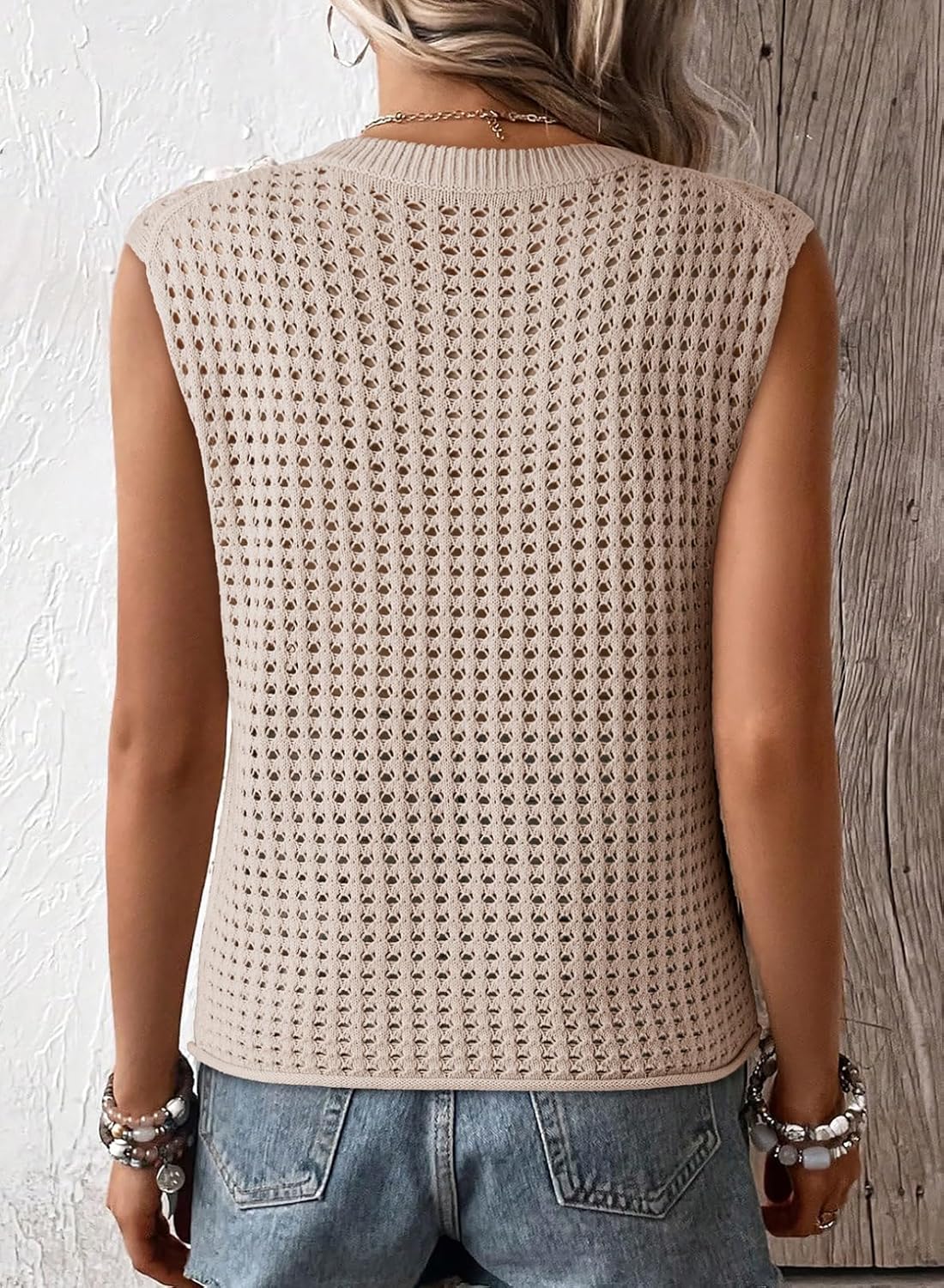 Women's Crewneck Sleeveles Loose Crochet Hollow Vest Top Cover Ups