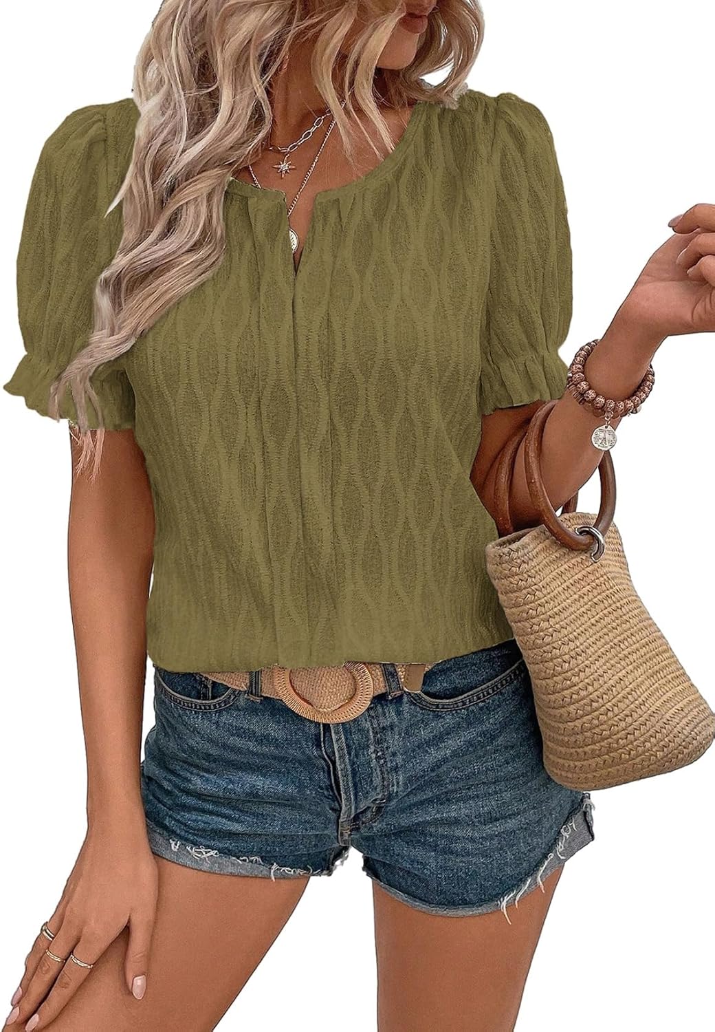 Women Dressy Casual Spring Summer V Neck Puff Sleeve Blouses