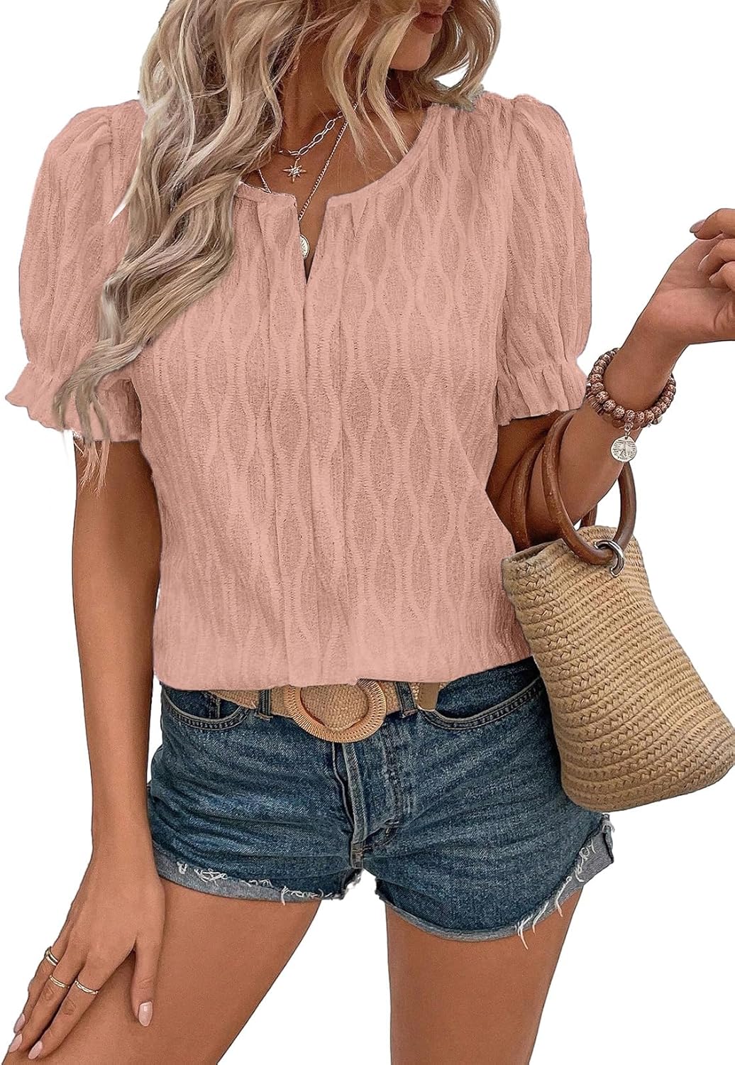 Women Dressy Casual Spring Summer V Neck Puff Sleeve Blouses