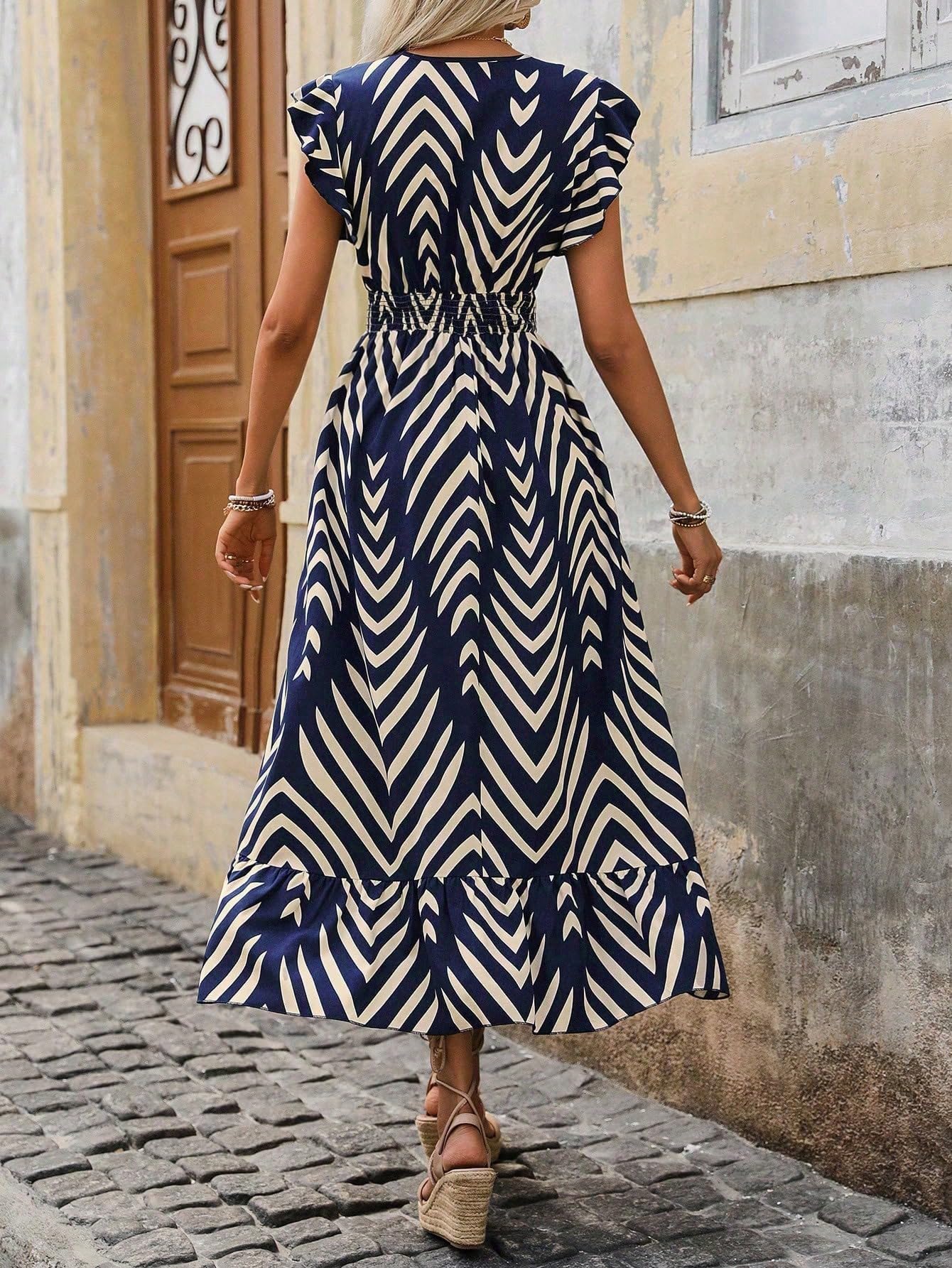 Women's Spring Summer Fashion Floral V Neck Ruffle Waist Slim Boho Dress