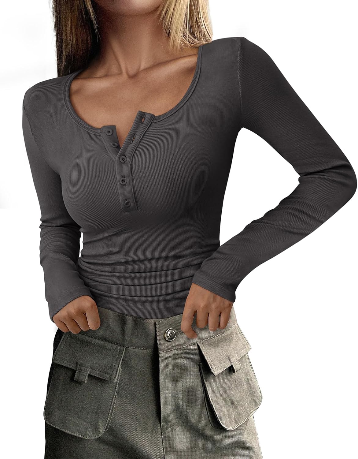  Women's Long Sleeve Henley Button Ribbed Knit Basic Tops