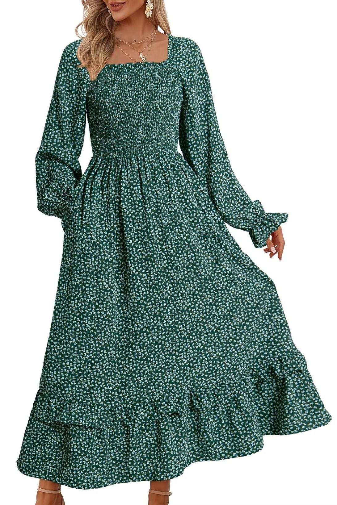 Fall Dresses Casual Floral Square Neck Long Sleeve Dress(Buy 2 Free Shipping)