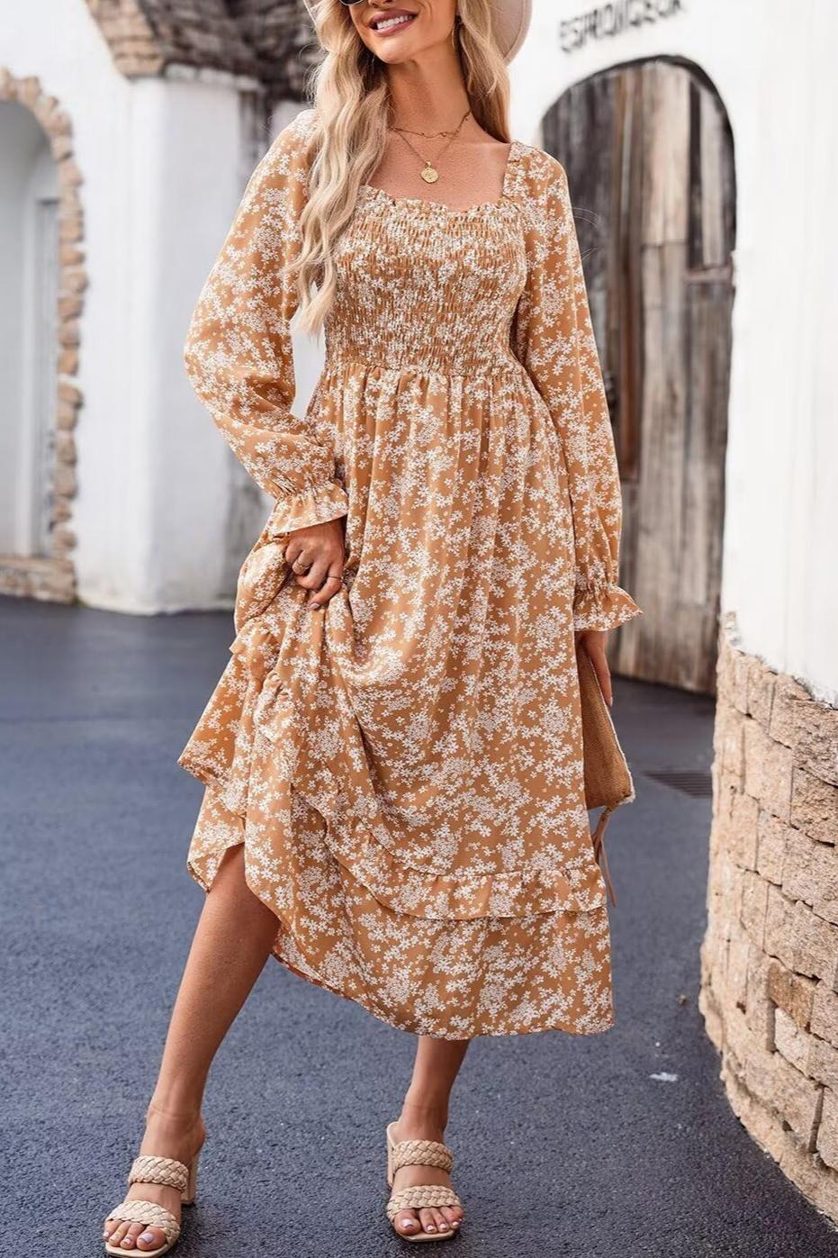 Fall Dresses Casual Floral Square Neck Long Sleeve Dress(Buy 2 Free Shipping)