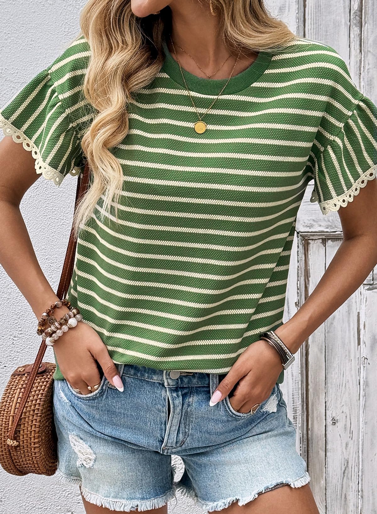Women's Knit Striped Color Block Ruffled Short Sleeve Top