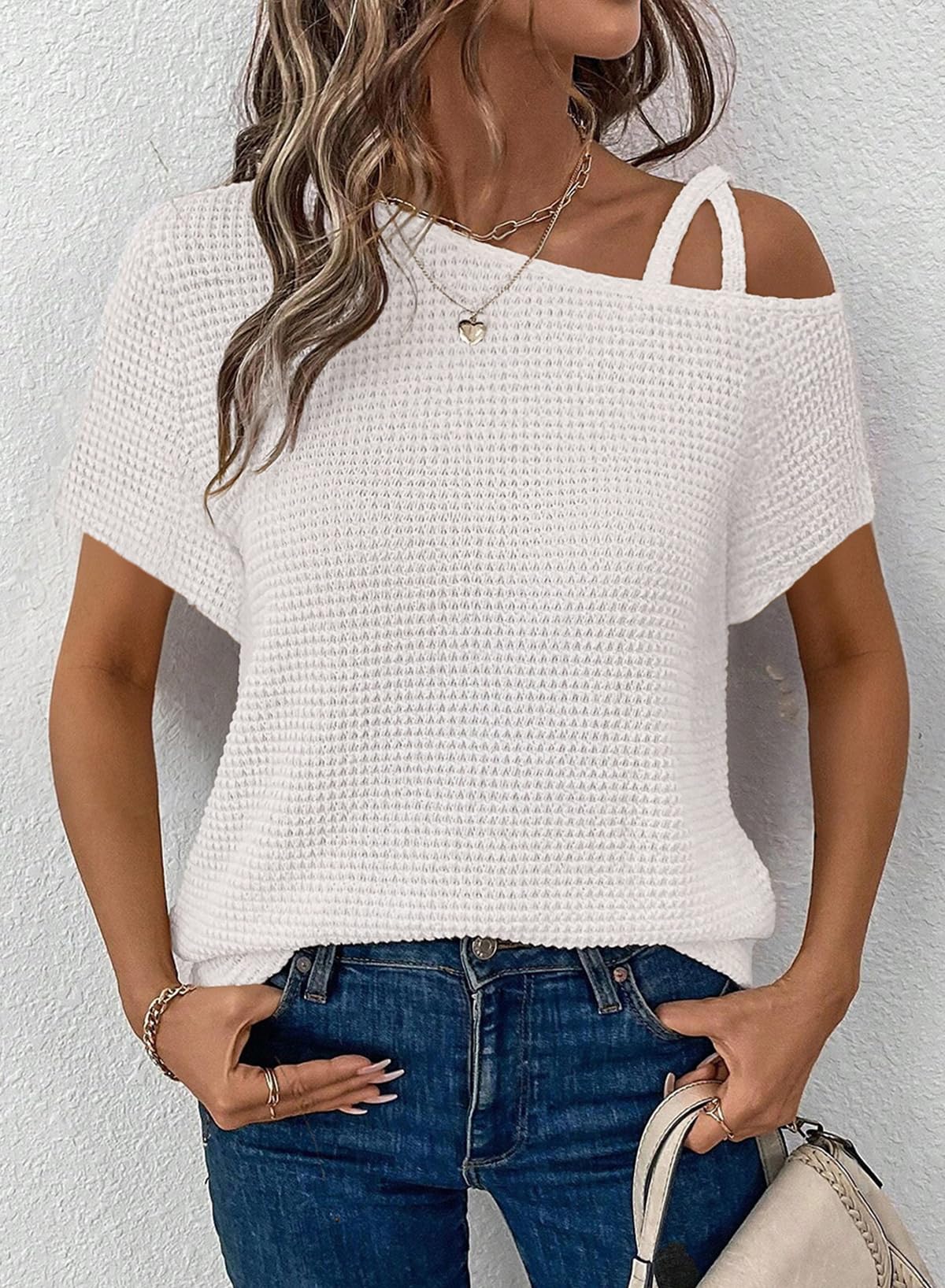 Womens Summer Tops Off One Shoulder Waffle Knit Short Sleeve T-Shirts