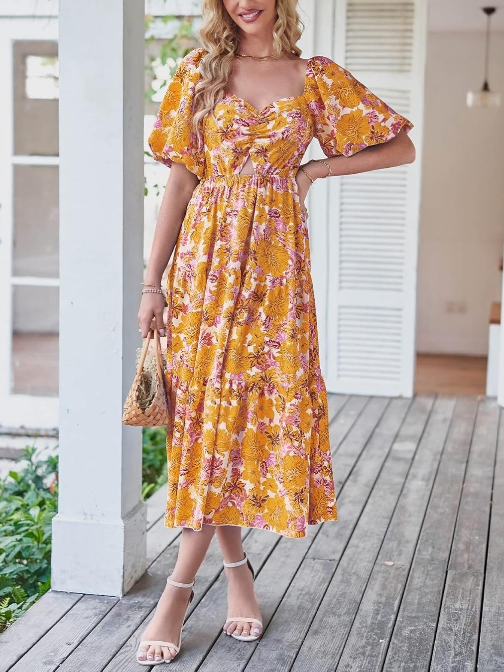 Women's Boho Floral Square Neck Puff Sleeve Cutout Long Maxi Dress