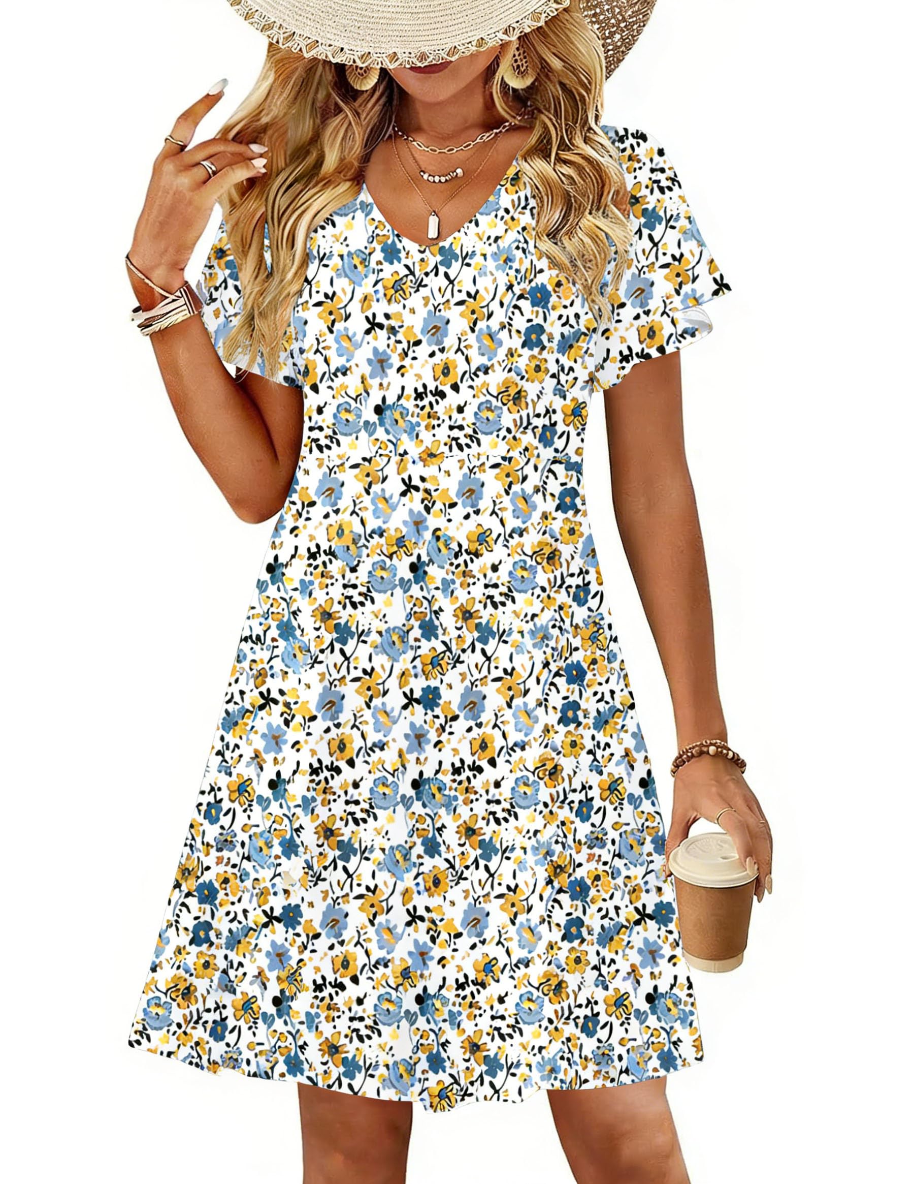 Womens Floral Ruffle Short Sleeve Sundresses Beach Mini Dress