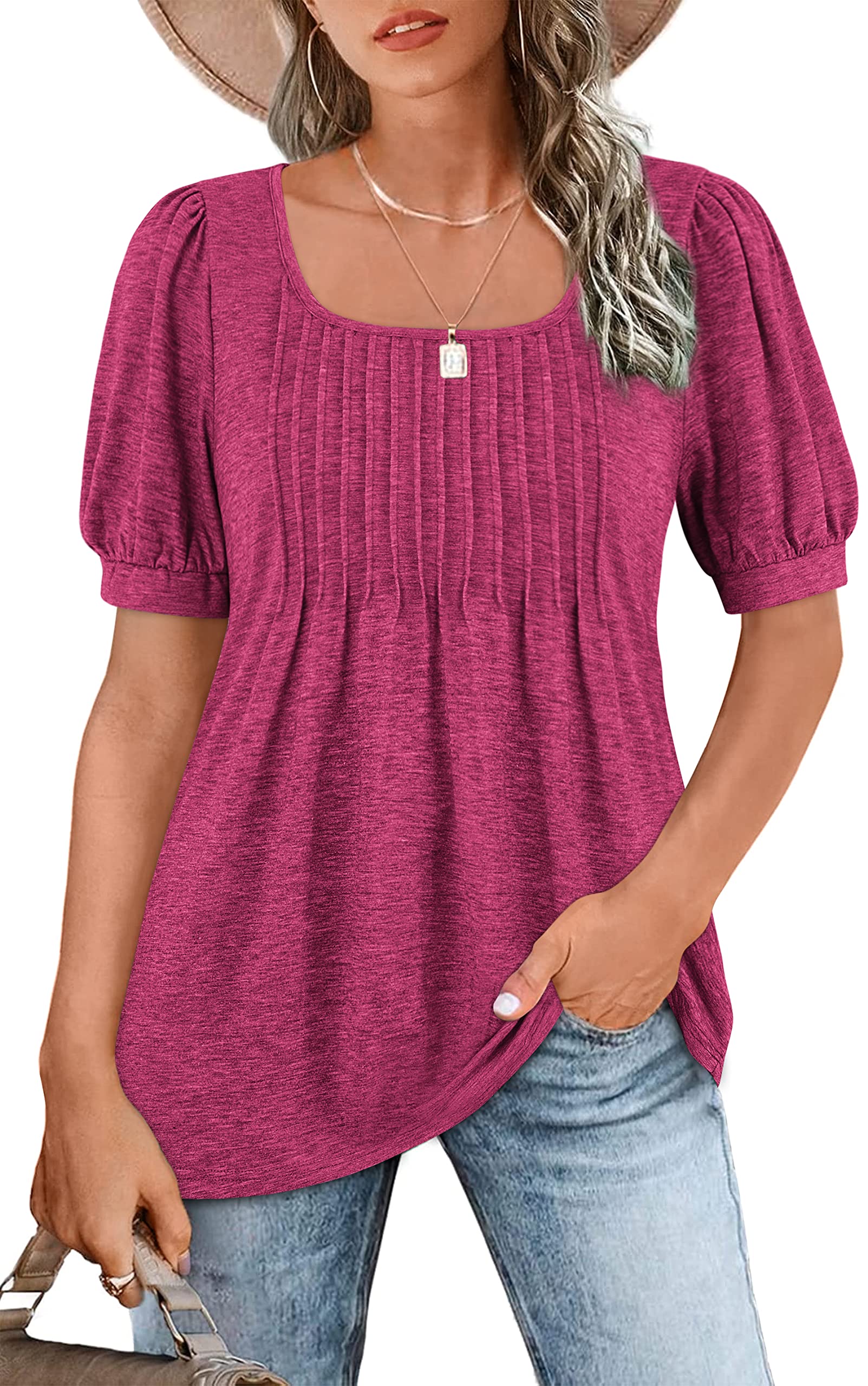 Women's Puff Short Sleeve Tunic Tops