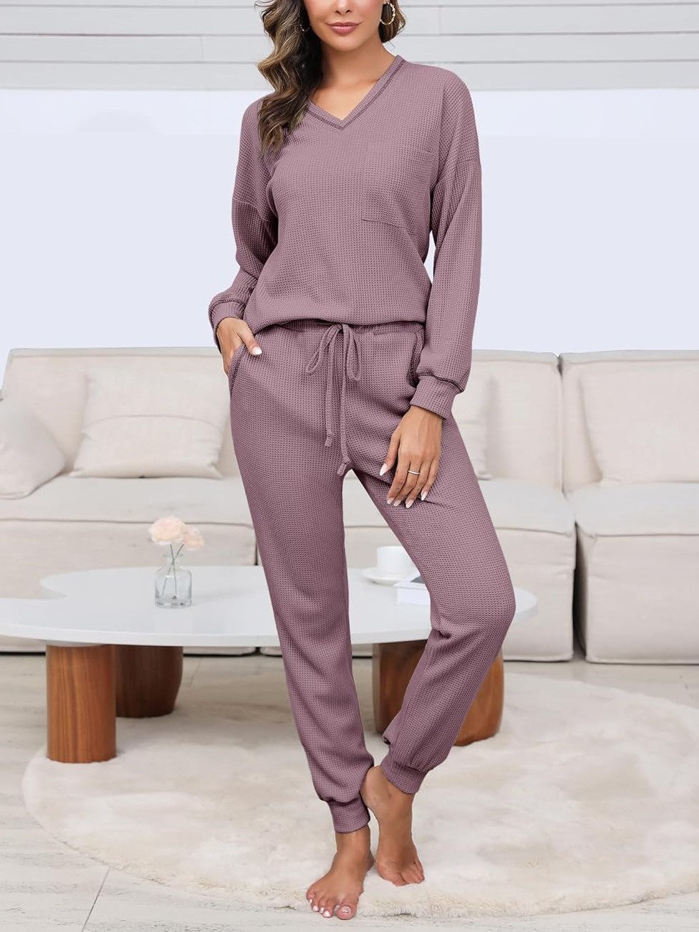 Women's V Neck Waffle Knit Sleepwear Top and Pant Lounge Sets