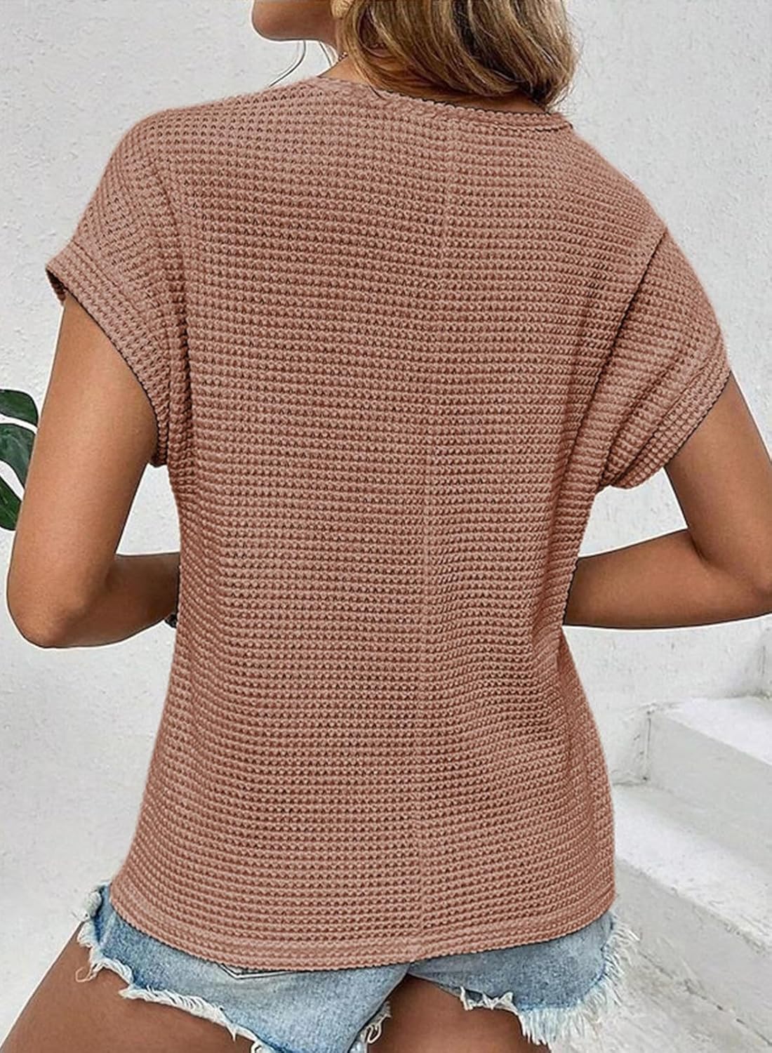 HOT SALE Women's Casual Waffle Knit Hollow Out Short Sleeve Shirts