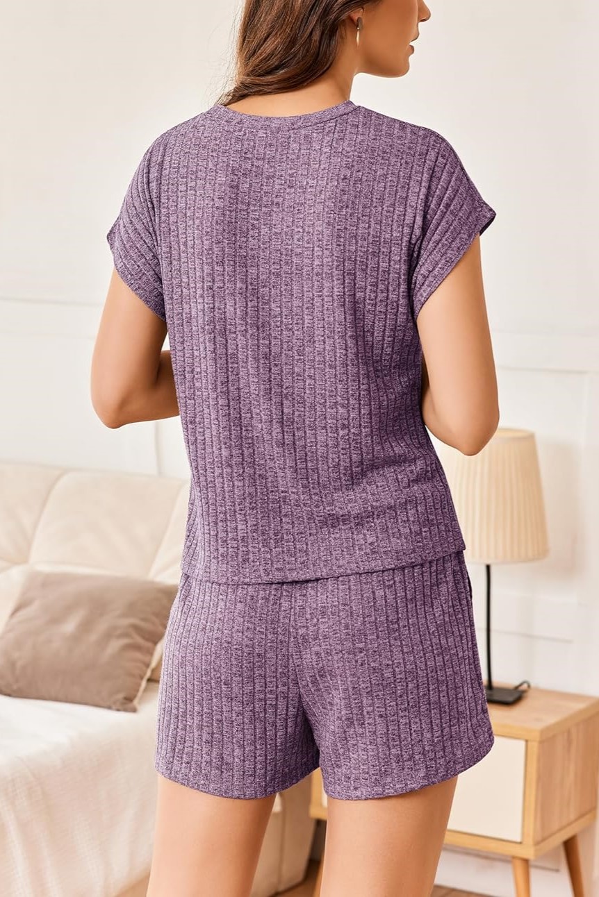 Womens Ribbed Short Cap Sleeve Top and Shorts Lounge Set