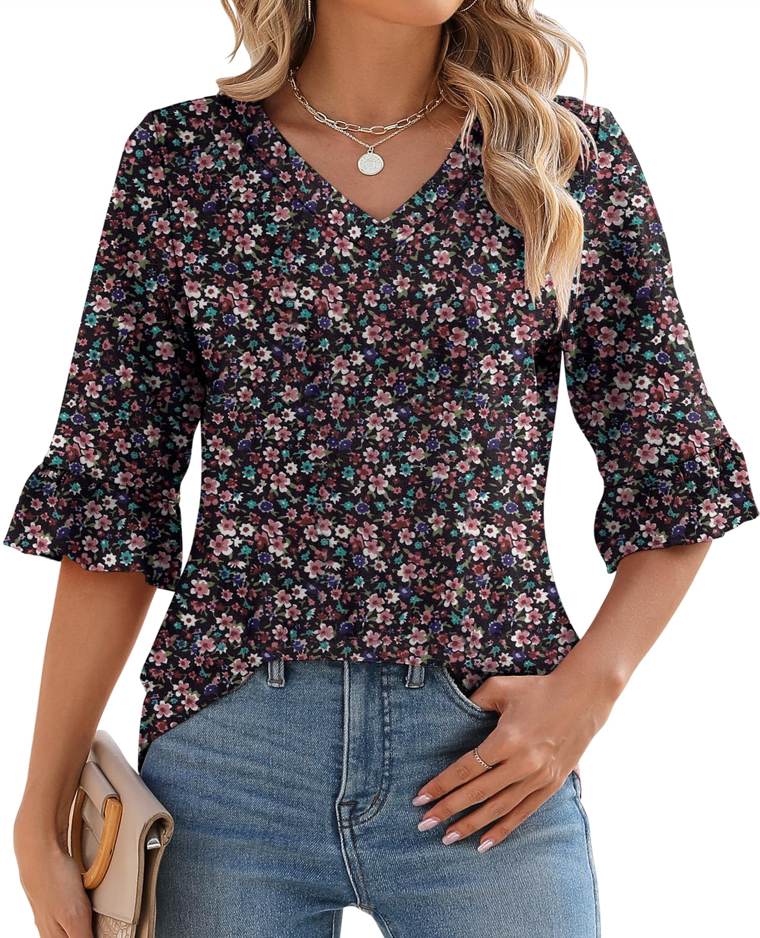 Women's 3/4 Sleeve Ruffle V Neck Floral Print Top（Buy 2 Free Shipping）