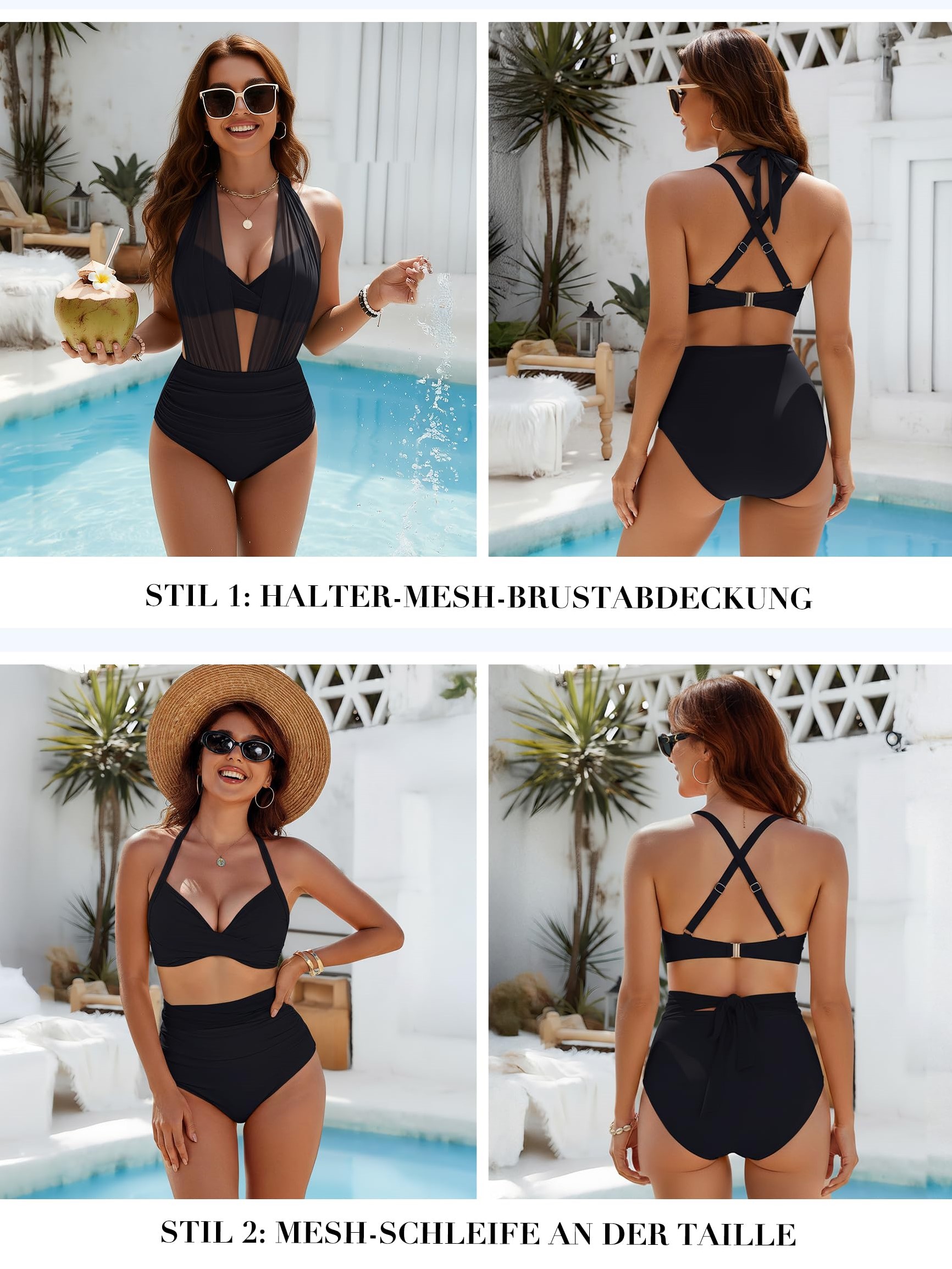 Women's Tummy Control High Waisted Two Piece Modest Mesh Swimsuits