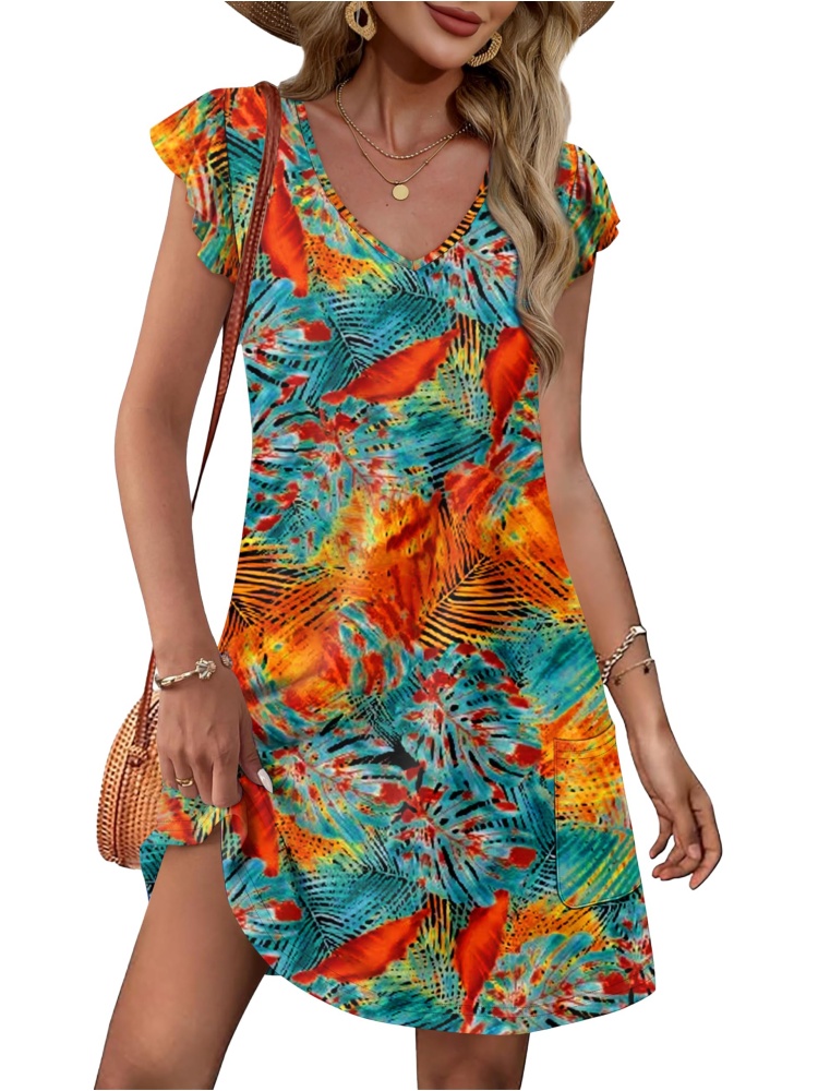 Womens Ruffle Sleeve V Neck Loose Swing Sundresses with Pockets