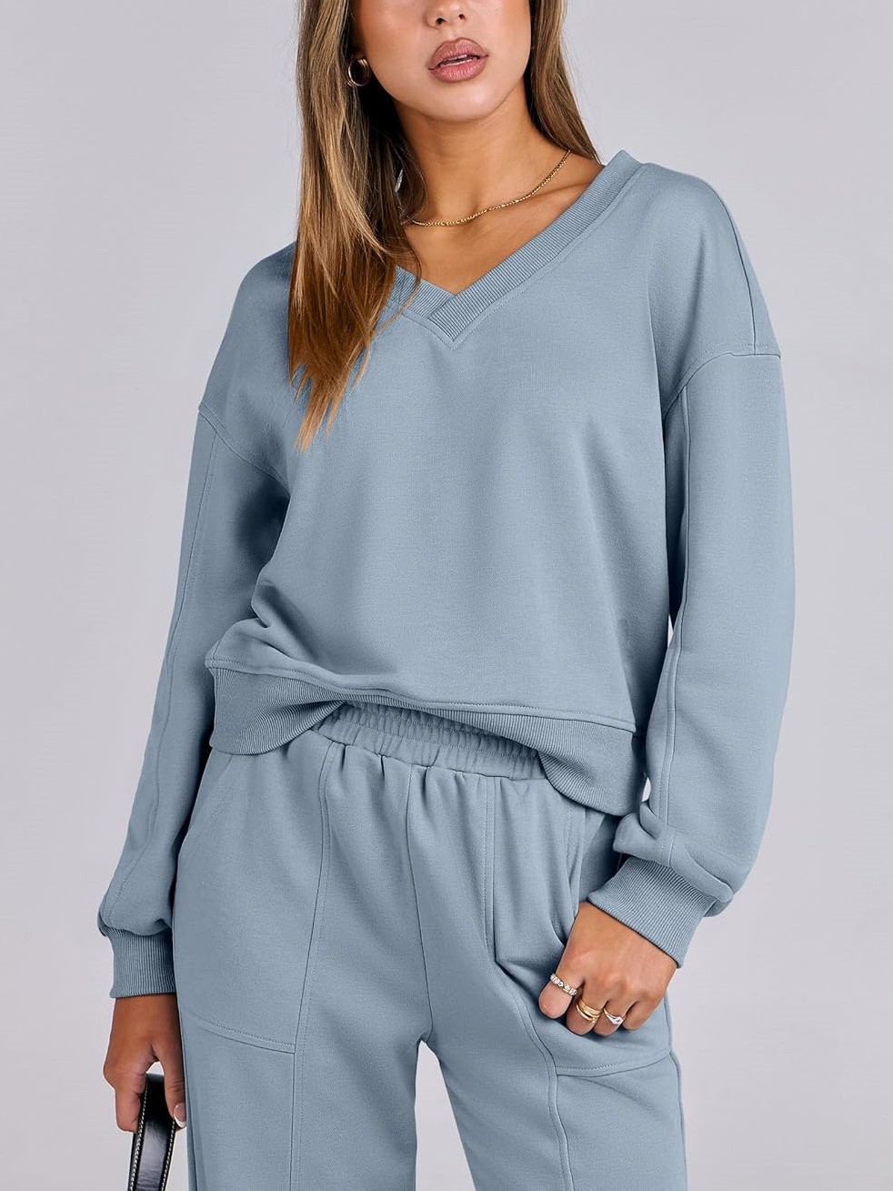 Women's V Neck Sweatshirts Wide Leg Jogger Sweatpants Lounge Sets